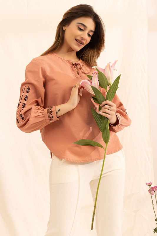 Linen Smart Kurti Shirt Top I Long Sleeves I 705 Pink