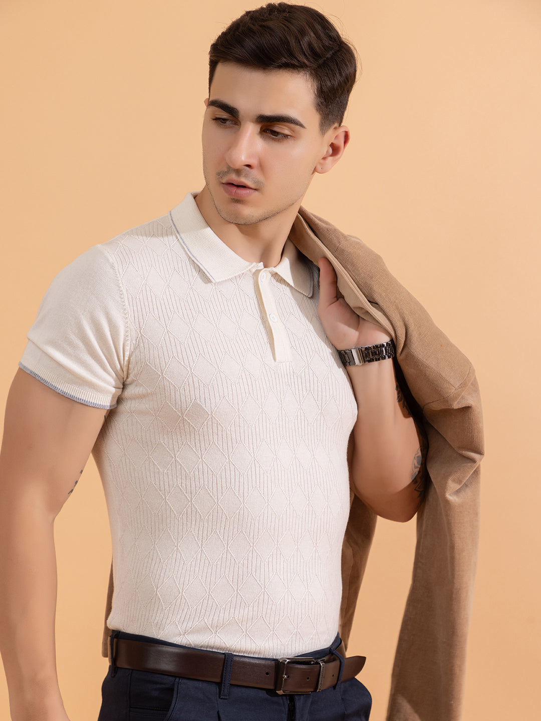 Paris Textured Knit Polo I 611 Ivory White