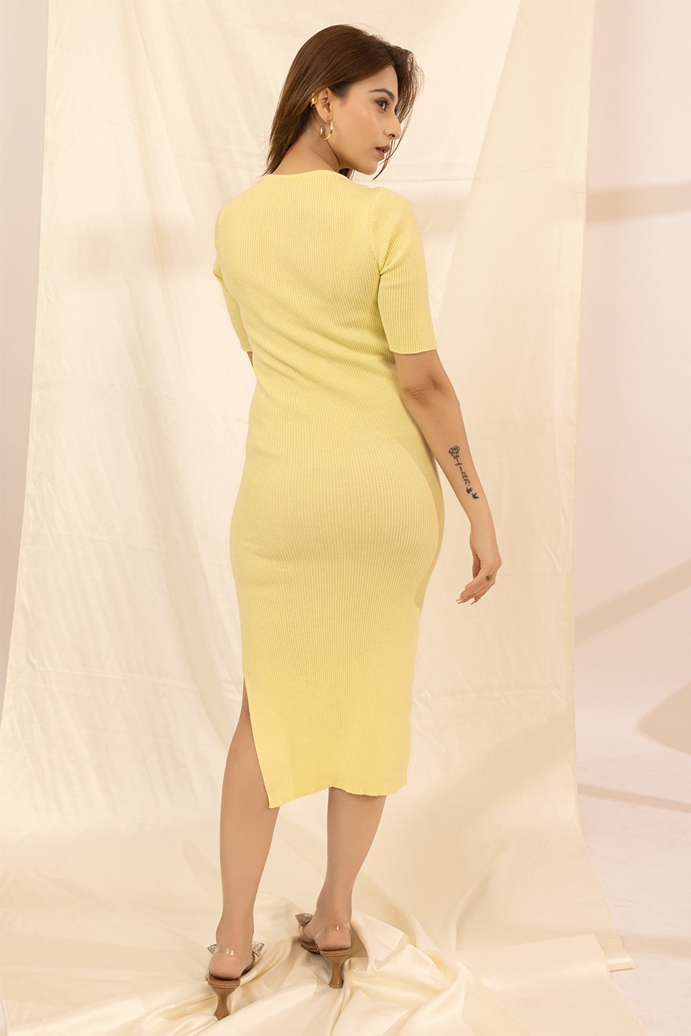 420 Side Slit Knit Midi Dress I Pure Cotton I Limoncello