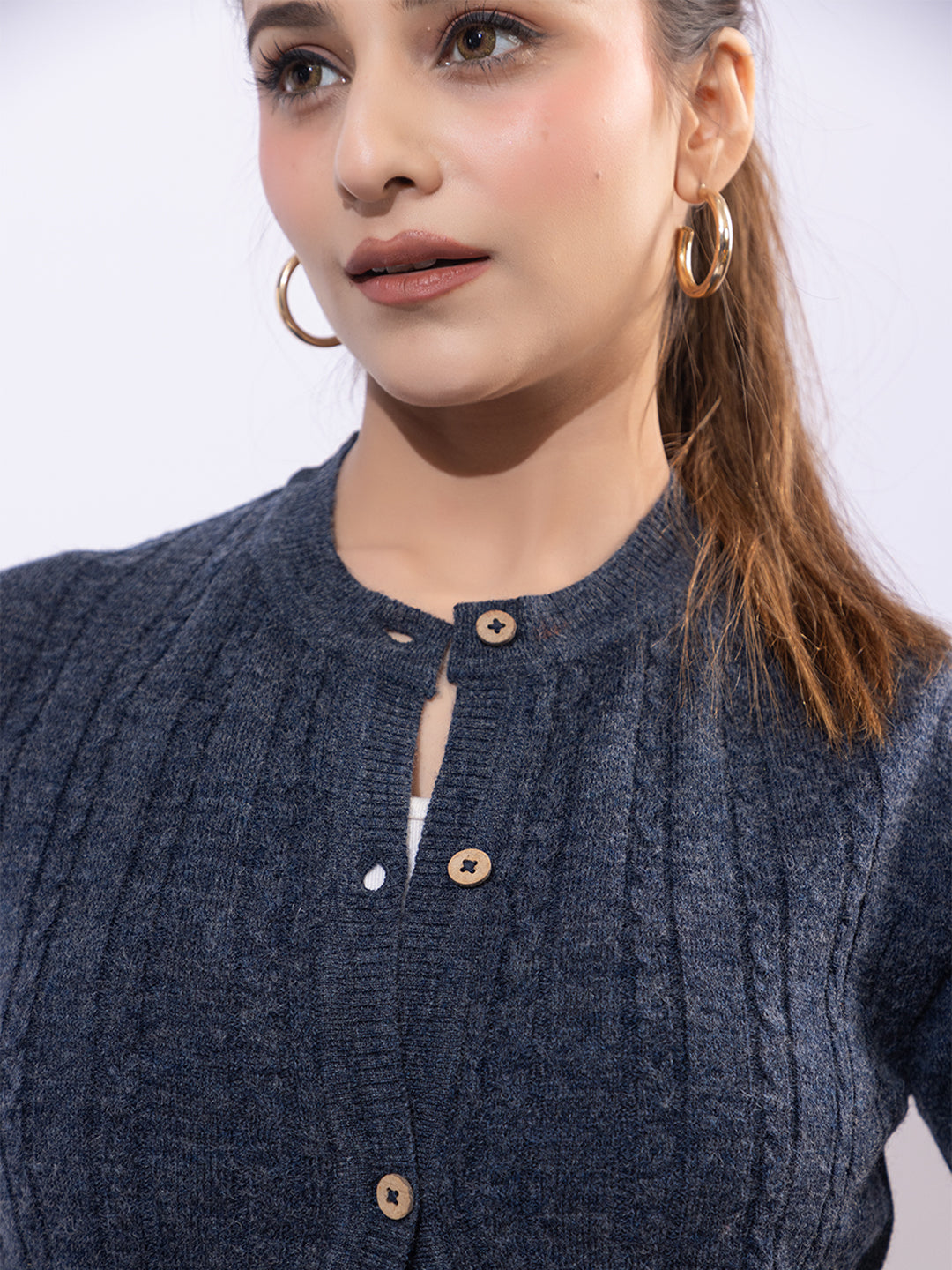 318 Wool Cable Knit Cardigan I Blue Melange (Woolmark Certified)