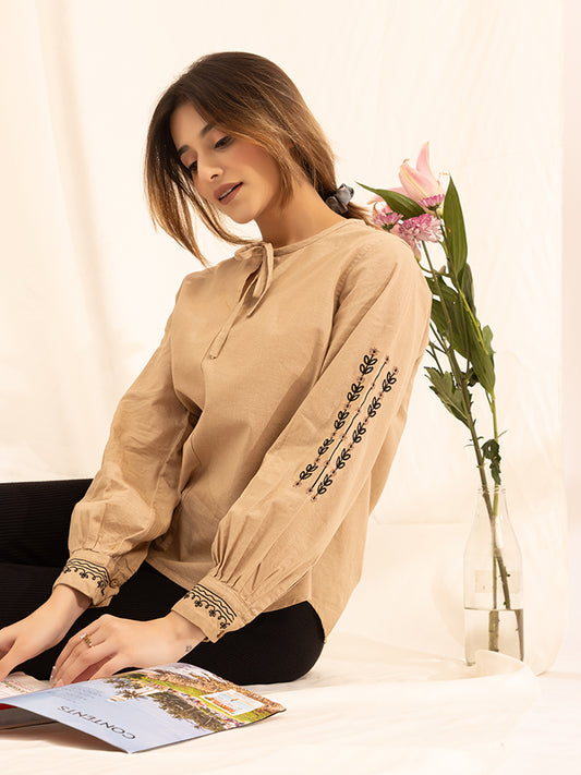 Embroidered Linen Kurti Top I Long Sleeves I 705 Beige