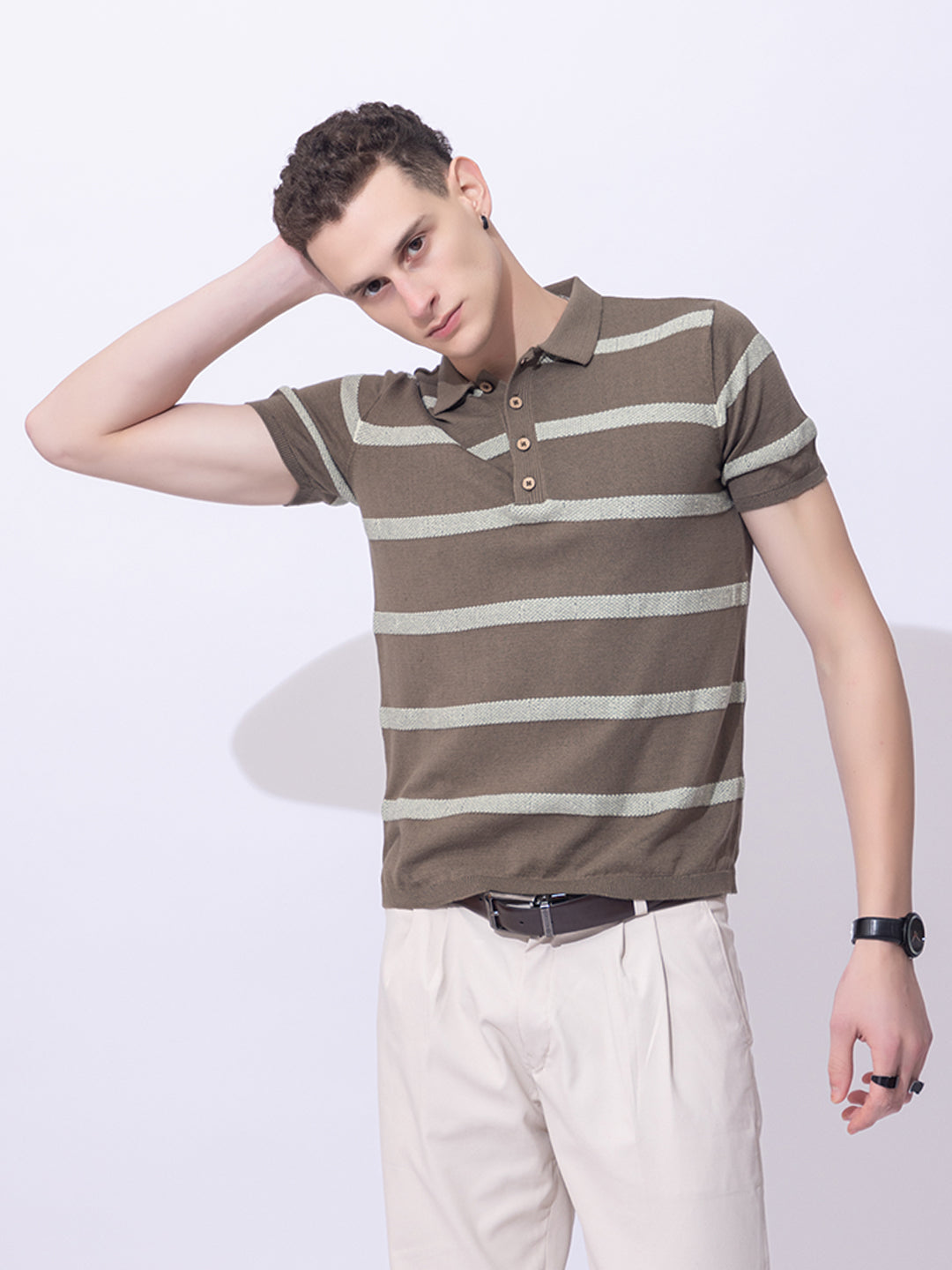 619 Intarsia Textured Stripe Knit Polo I Olive