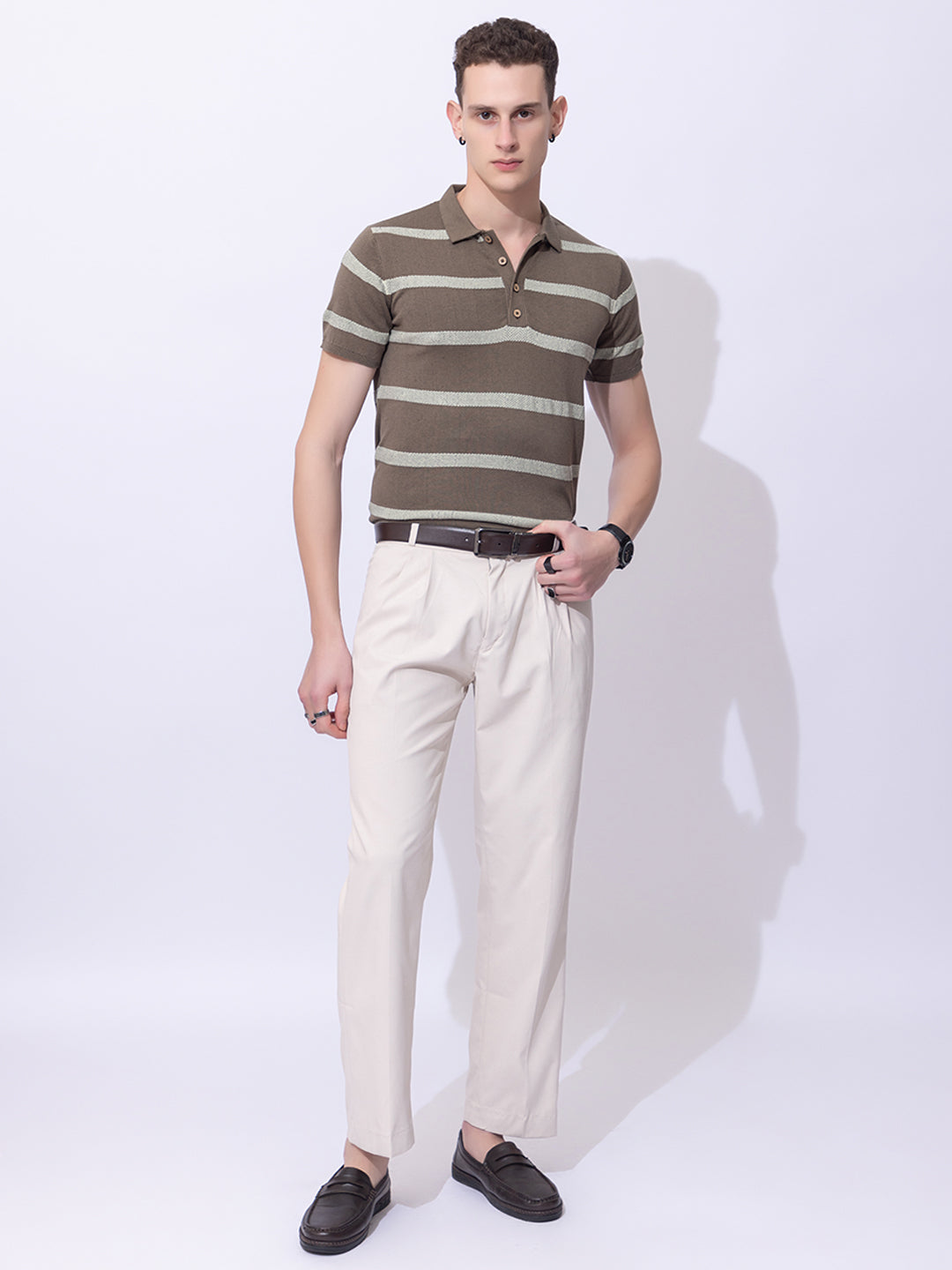 619 Intarsia Textured Stripe Knit Polo I Olive