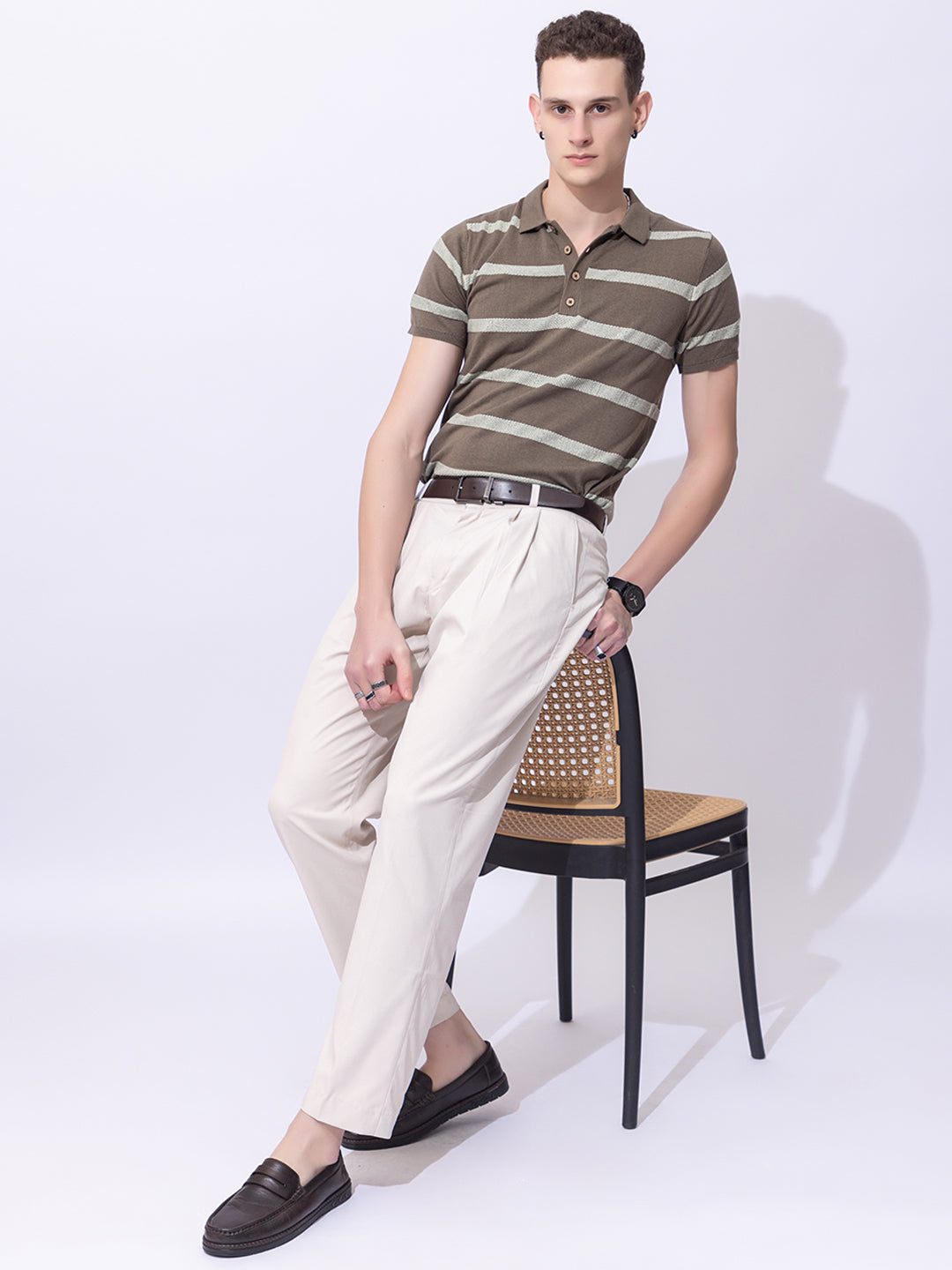619 Intarsia Textured Stripe Knit Polo I Olive