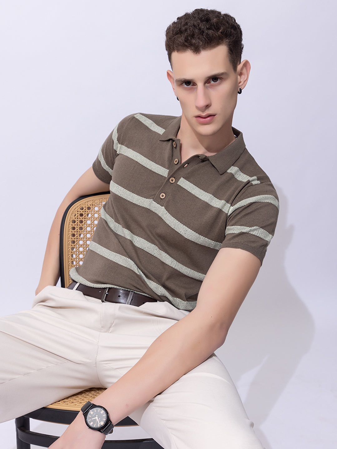 619 Intarsia Textured Stripe Knit Polo I Olive