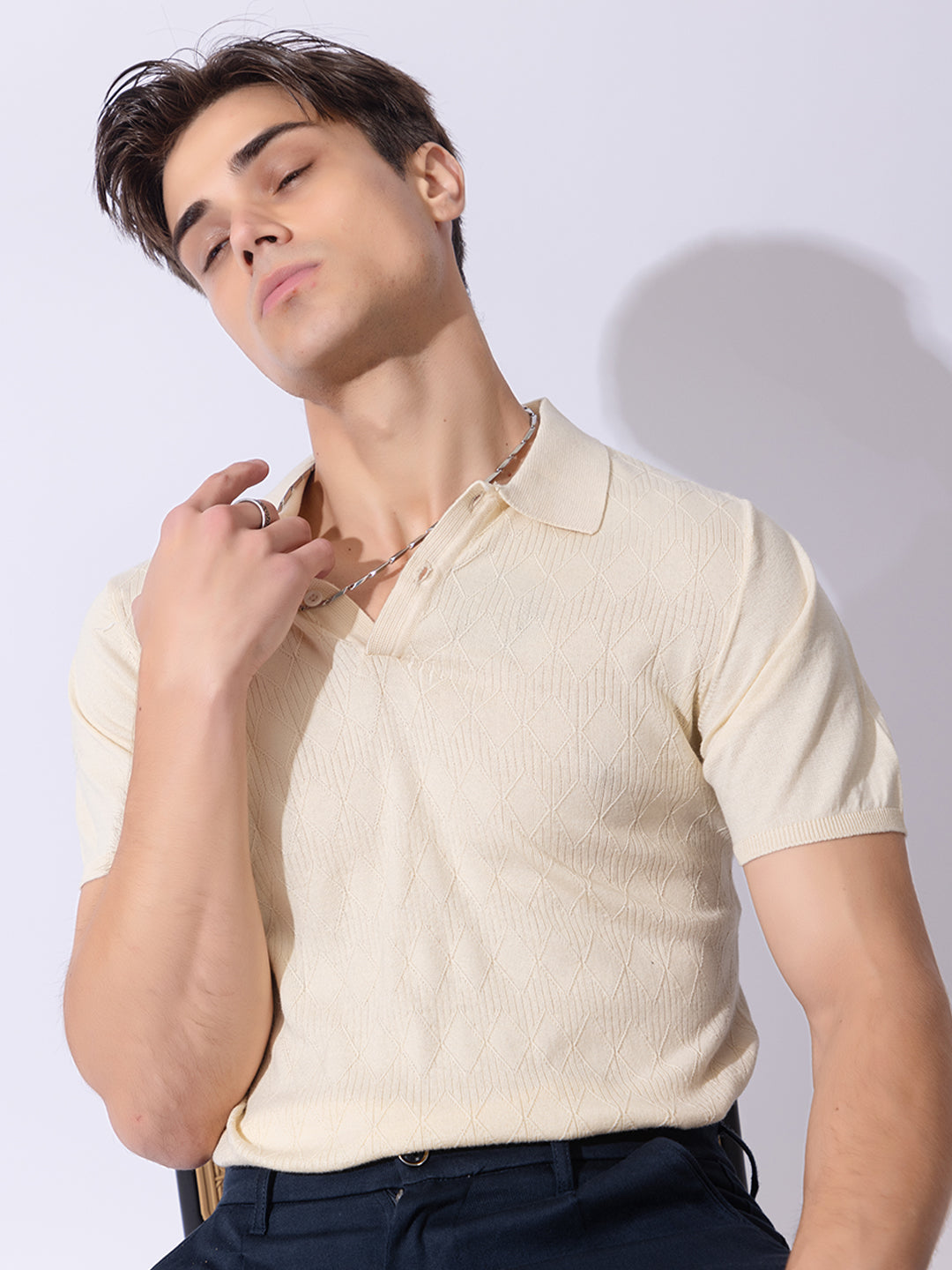 Paris Textured Knit Polo I 611 Ivory White