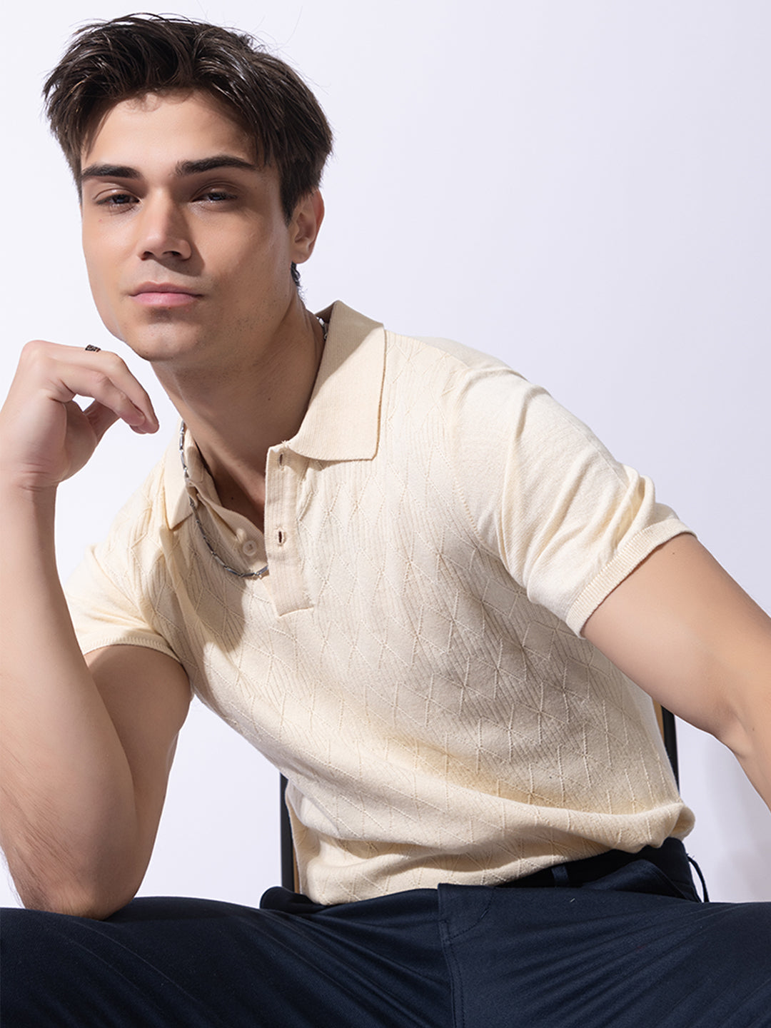 Paris Textured Knit Polo I 611 Ivory White
