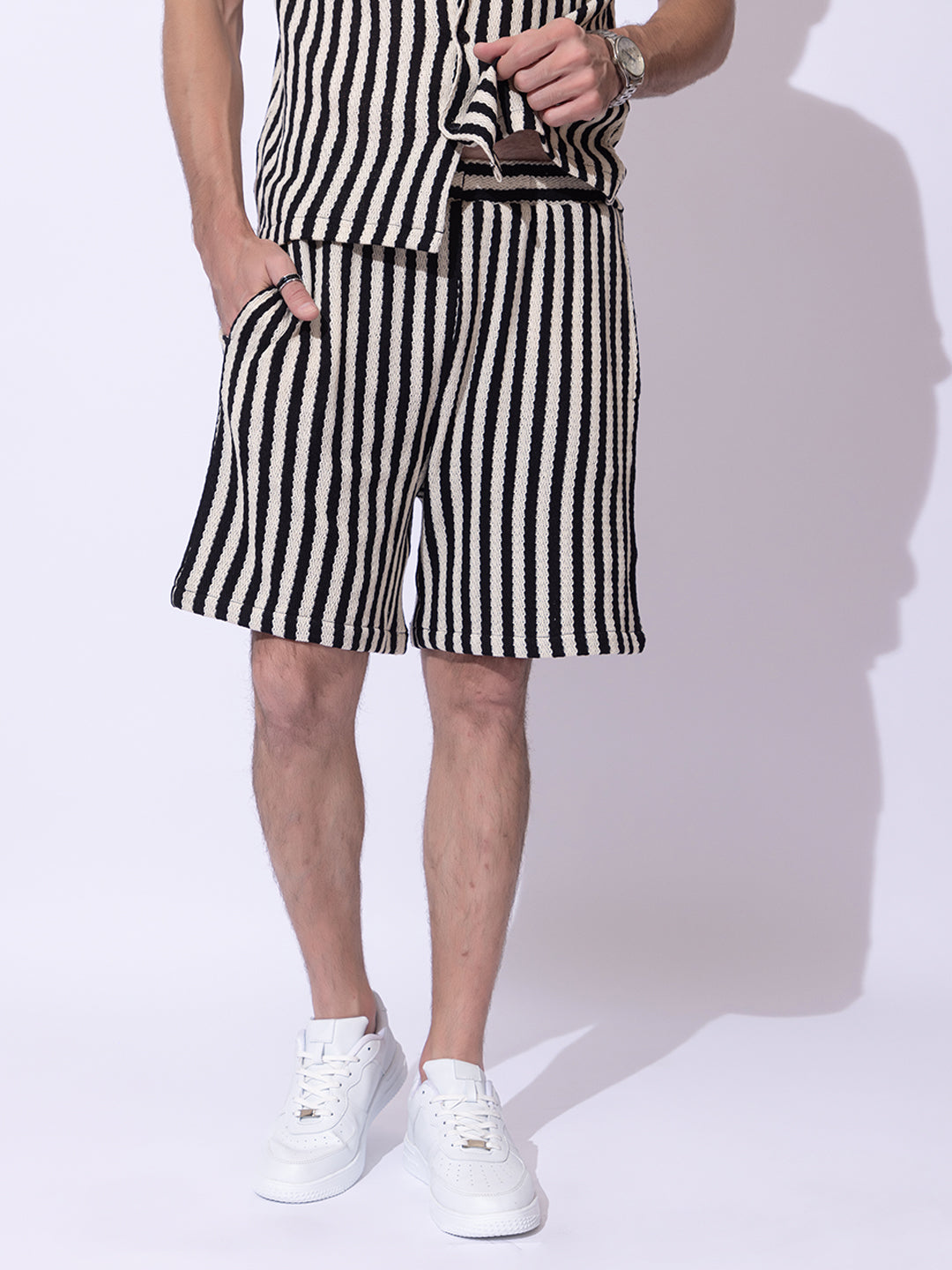 508 Crochet Resort Co-Ord Set I Shirt + Shorts I Black Stripes