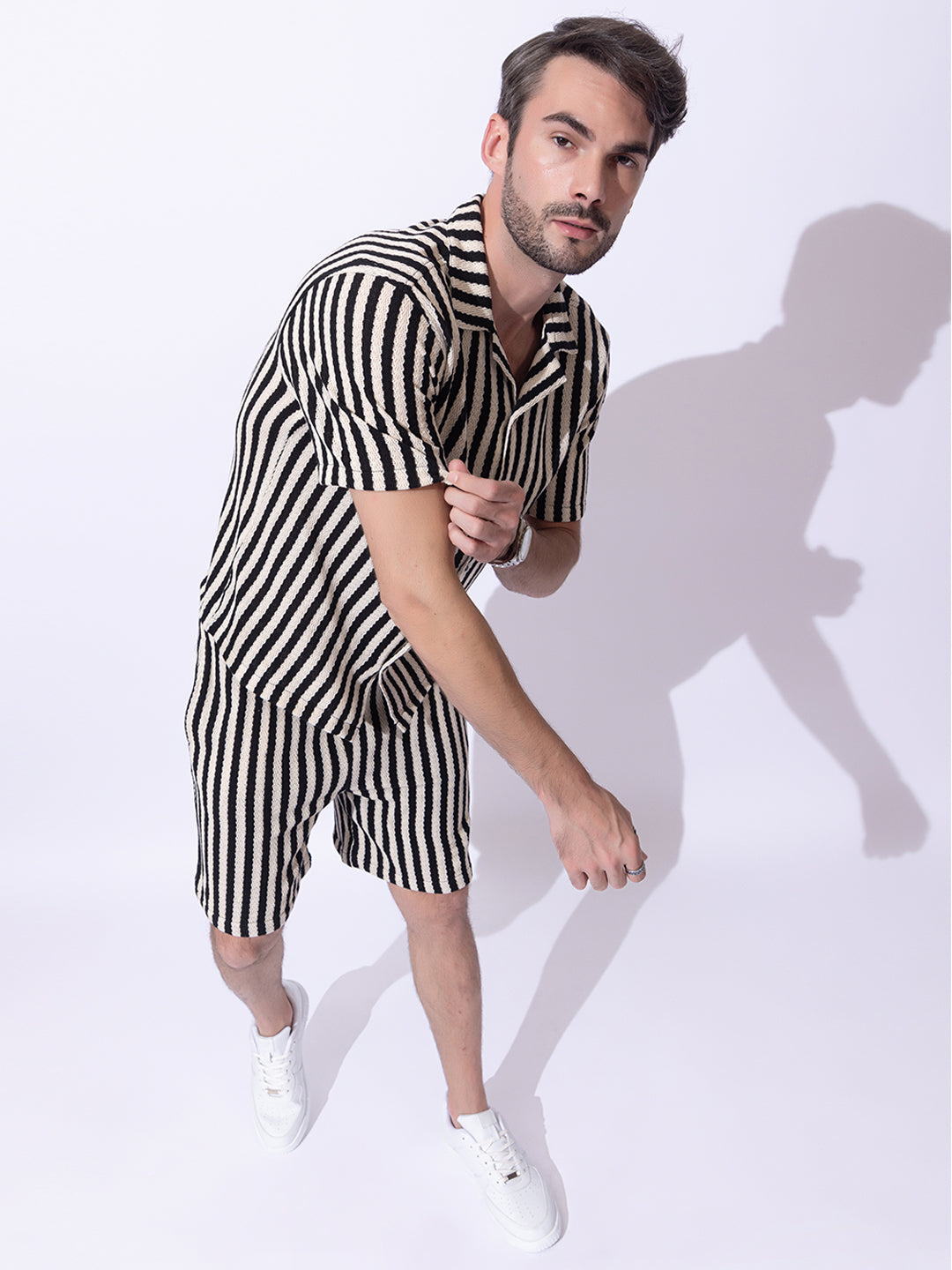 508 Crochet Resort Co-Ord Set I Shirt + Shorts I Black Stripes