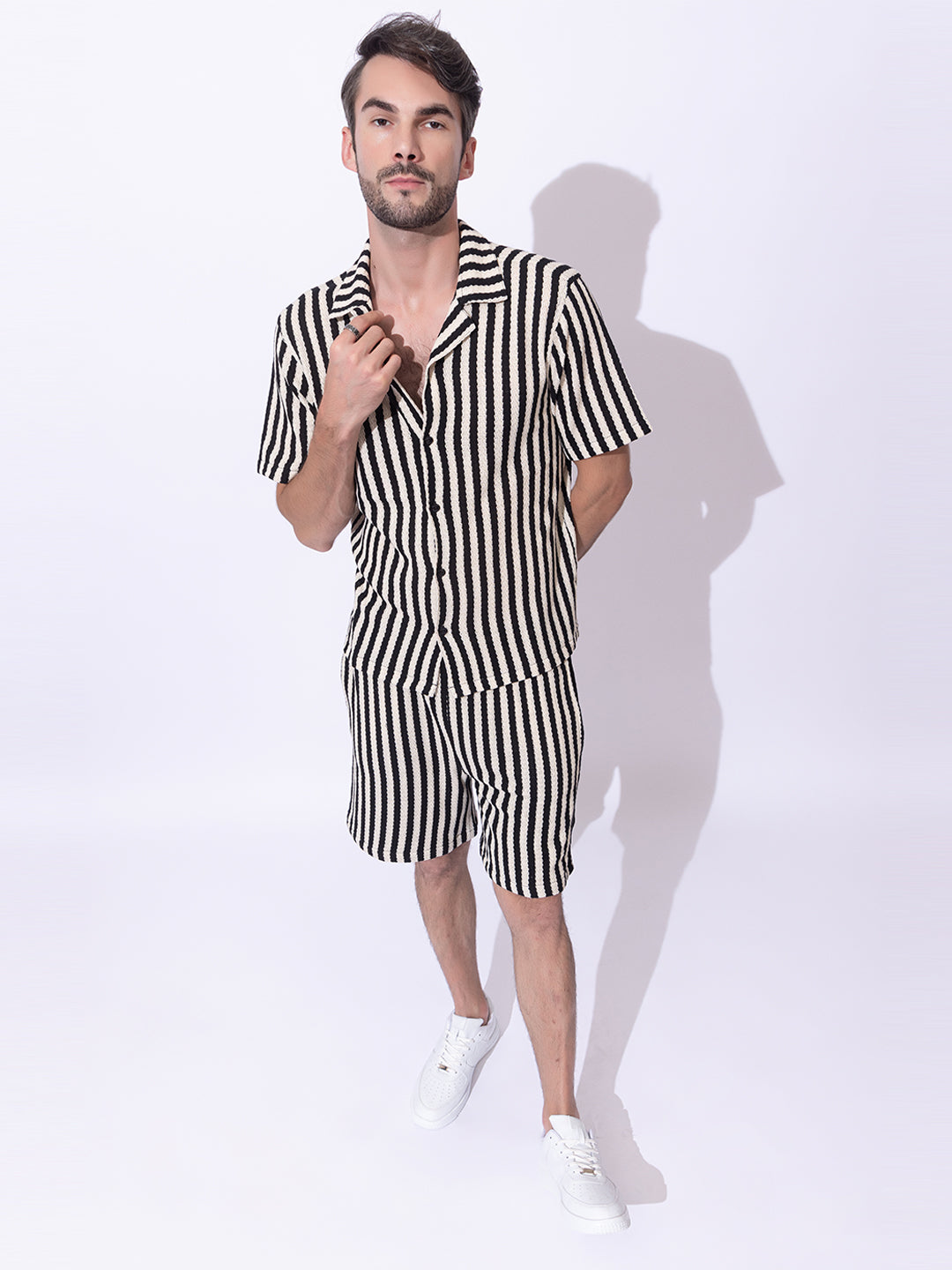 508 Crochet Resort Co-Ord Set I Shirt + Shorts I Black Stripes
