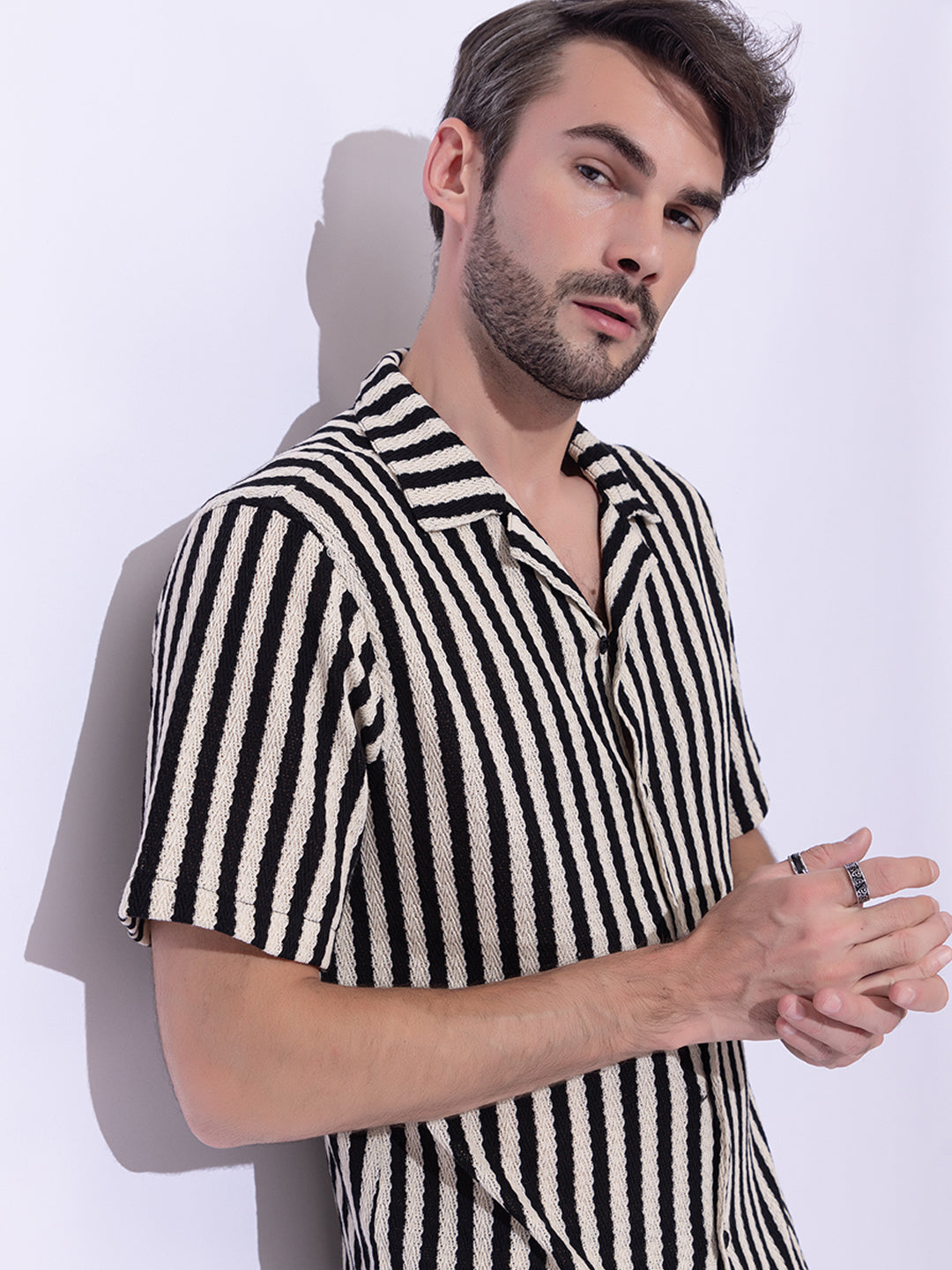 508 Crochet Resort Co-Ord Set I Shirt + Shorts I Black Stripes