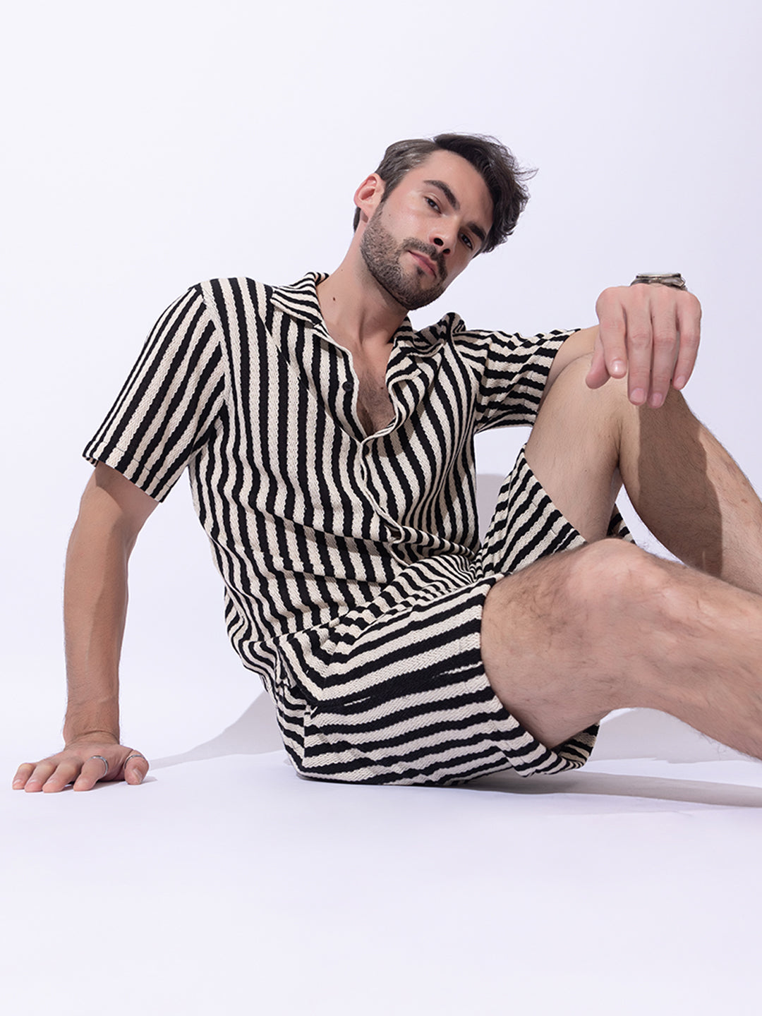 508 Crochet Resort Co-Ord Set I Shirt + Shorts I Black Stripes