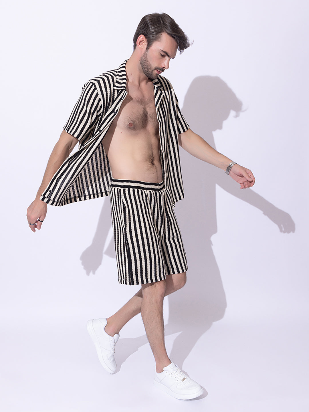 508 Crochet Resort Co-Ord Set I Shirt + Shorts I Black Stripes
