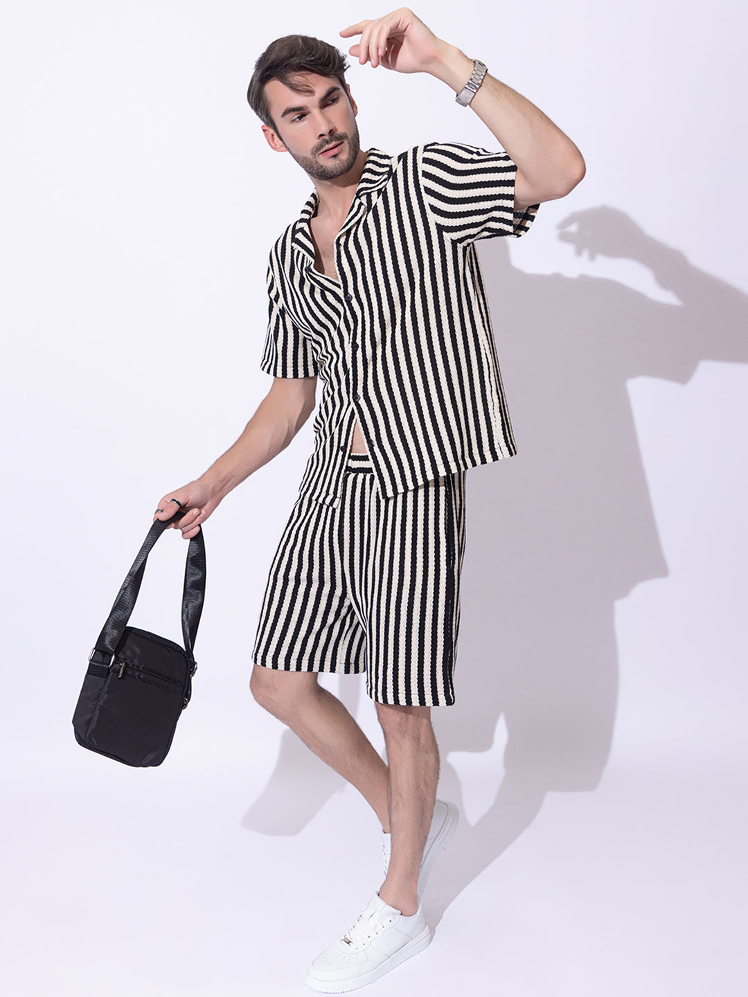 508 Crochet Resort Co-Ord Set I Shirt + Shorts I Black Stripes