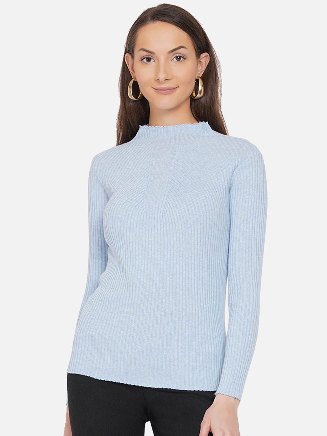 309 Ribbed High Neck Pullover I Sky Blue