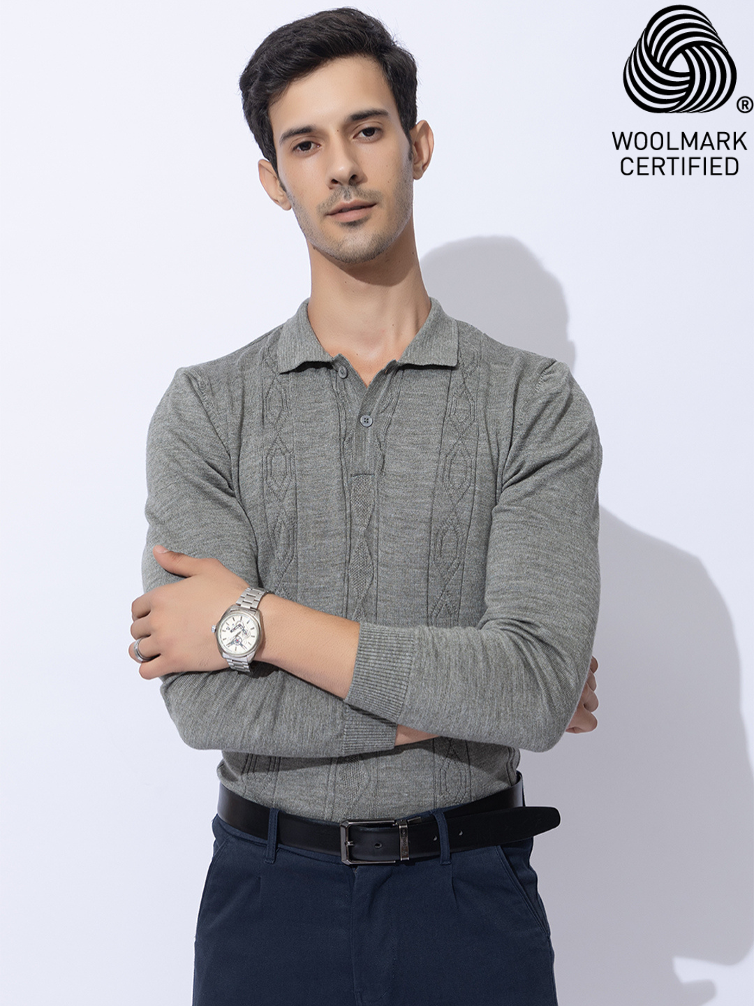 243 Cable Knit Woollen Polo I Woolmark Certified I Olive