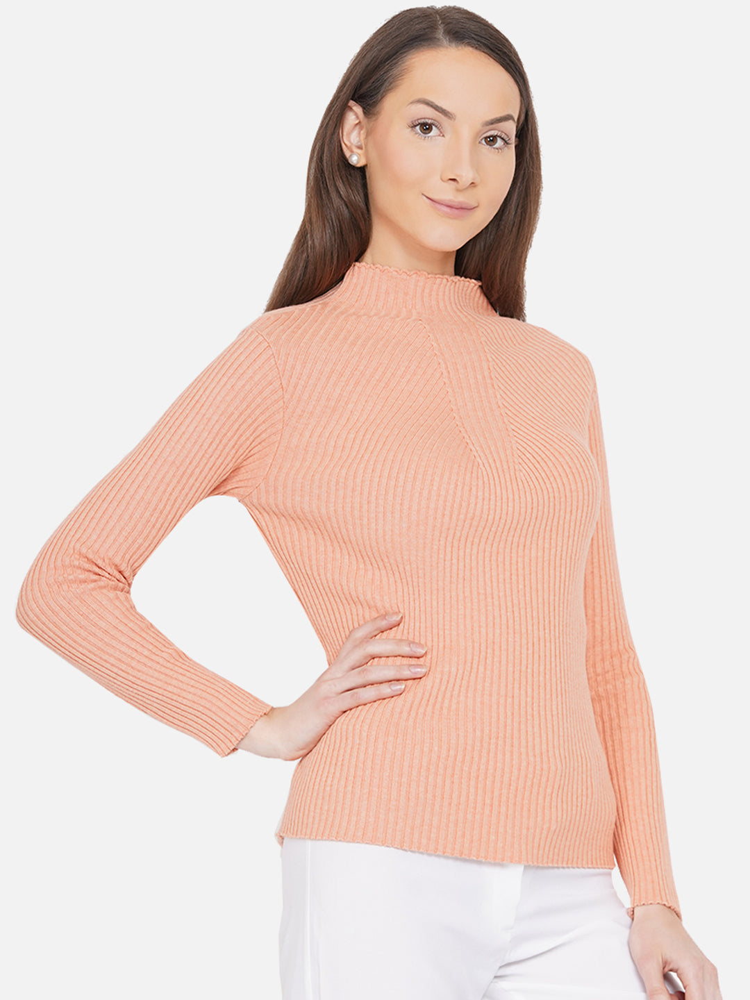 309 Ribbed High Neck Pullover I Juicy Peach