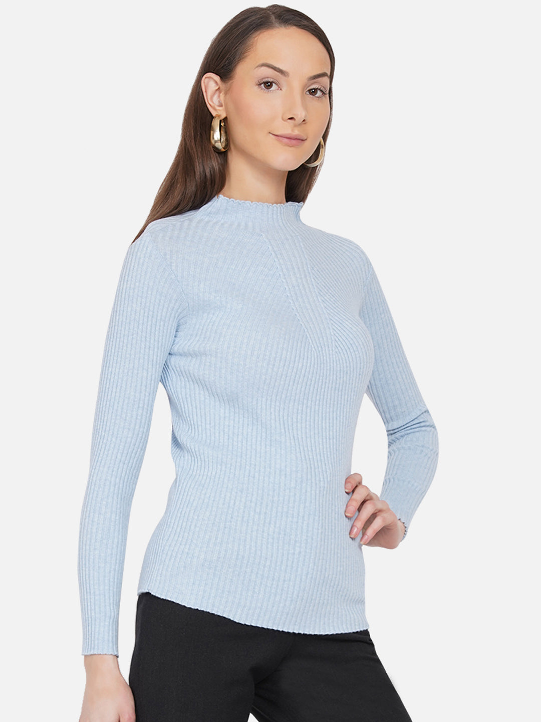 309 Ribbed High Neck Pullover I Sky Blue
