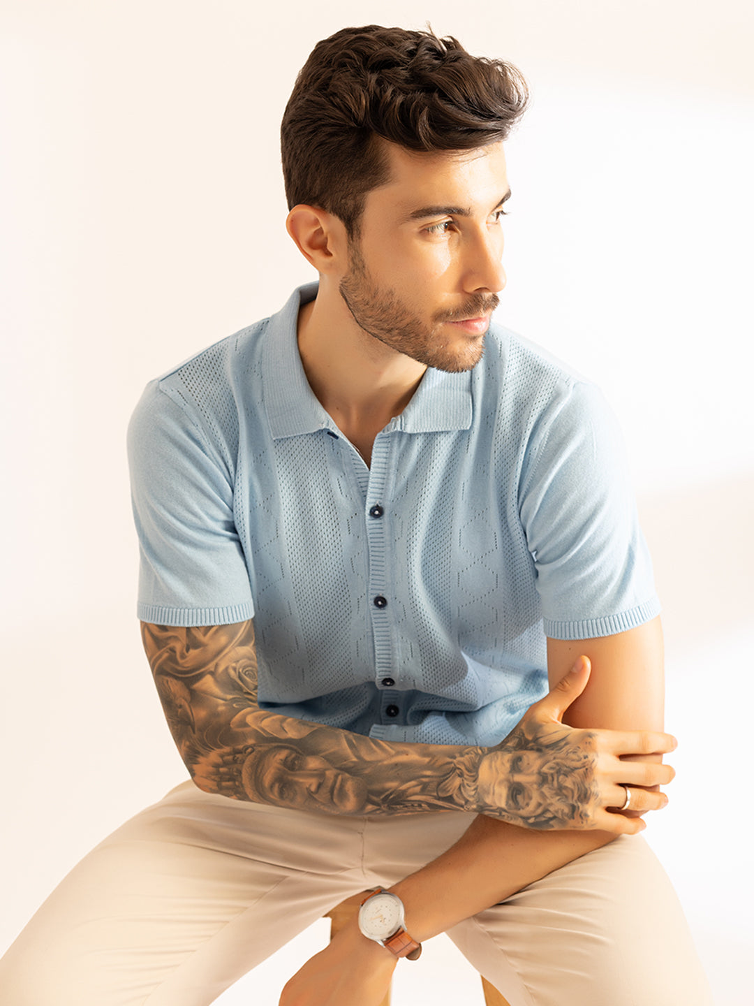 French Riviera Knit Front Button Polo I 625 Sky