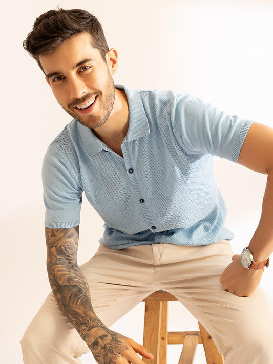 French Riviera Knit Front Button Polo I 625 Sky