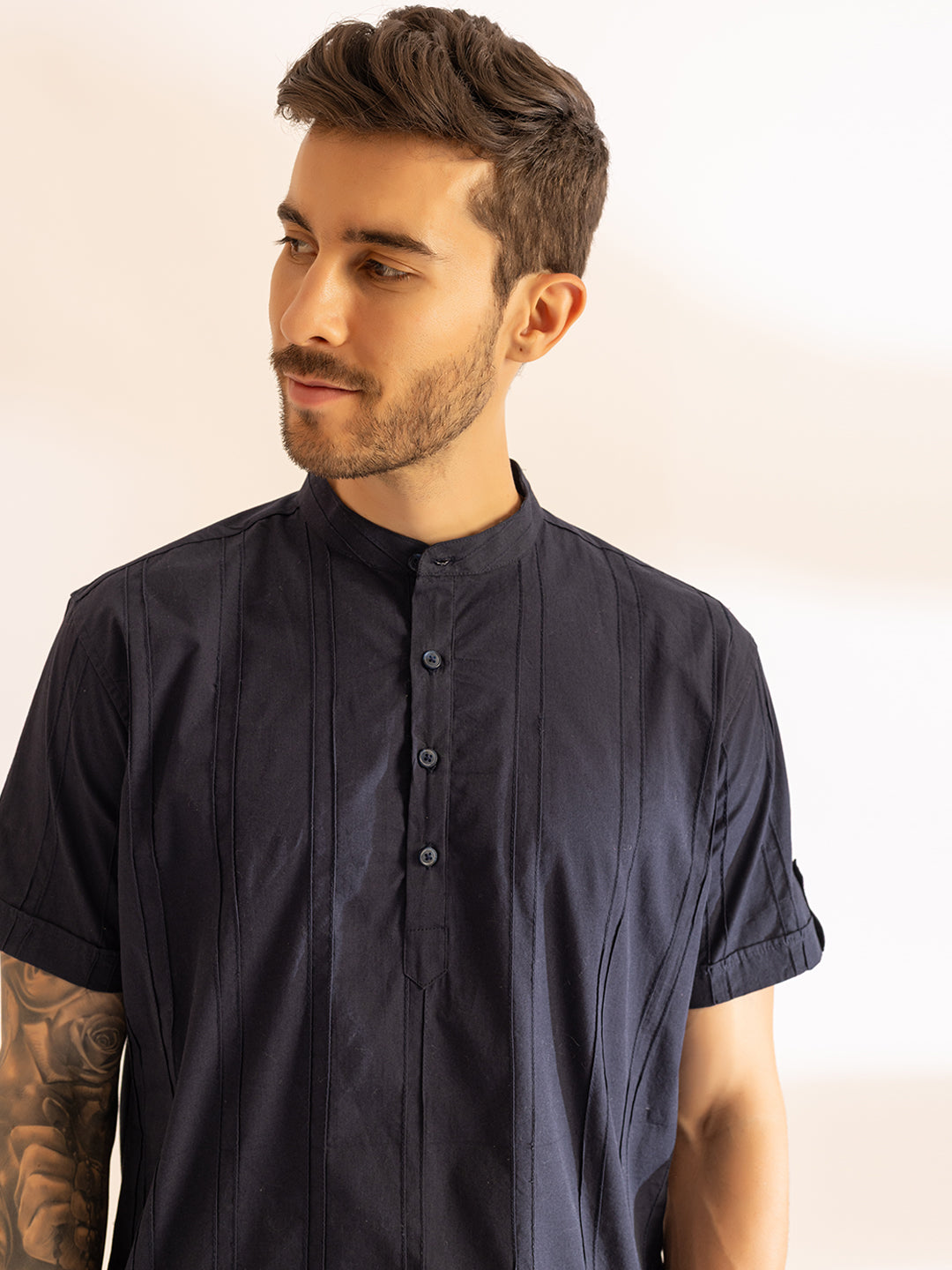 Pinstriped Festive Kurta Shirt I Half Sleeves I French Navy