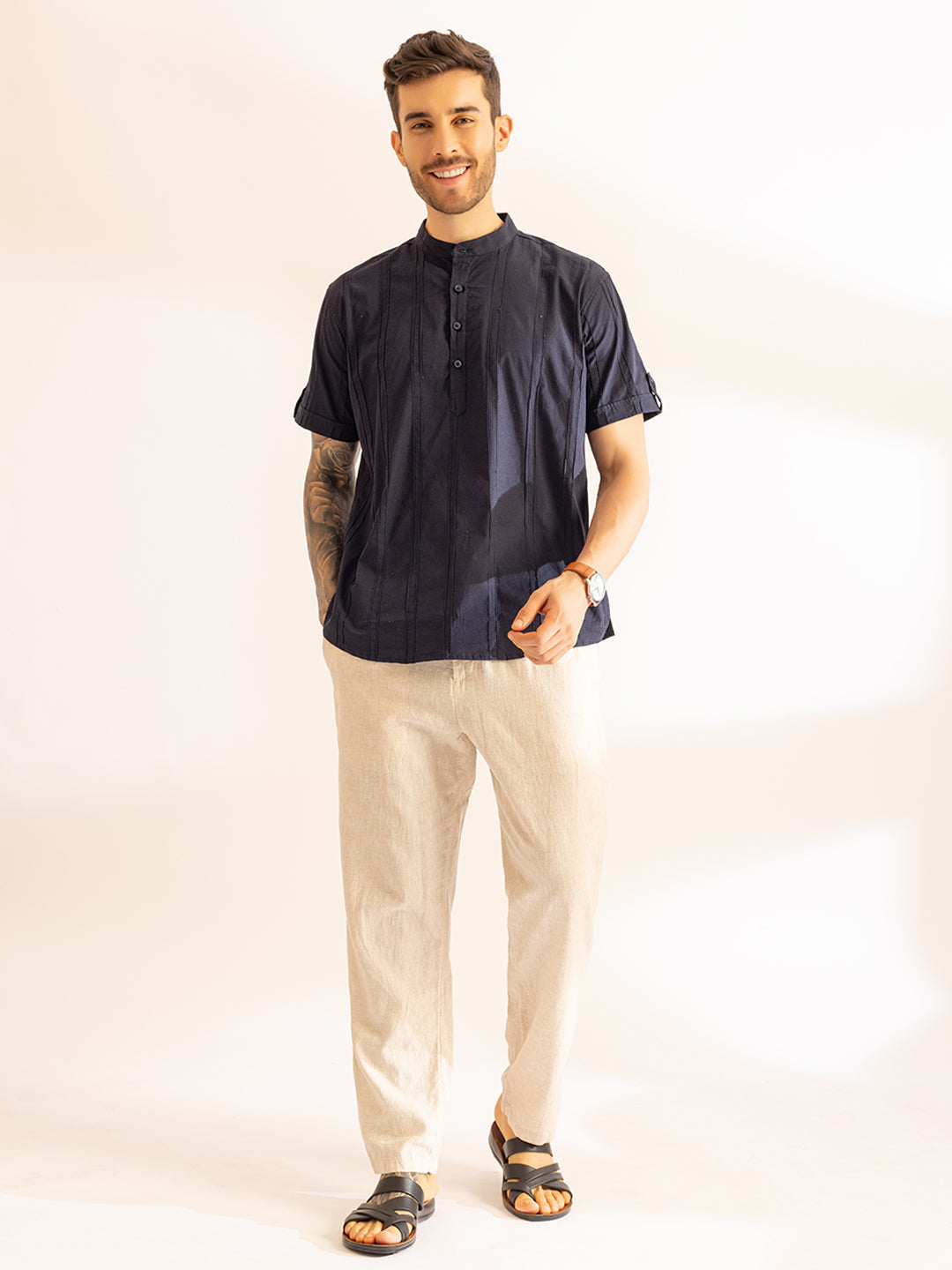 Pinstriped Festive Kurta Shirt I Half Sleeves I French Navy