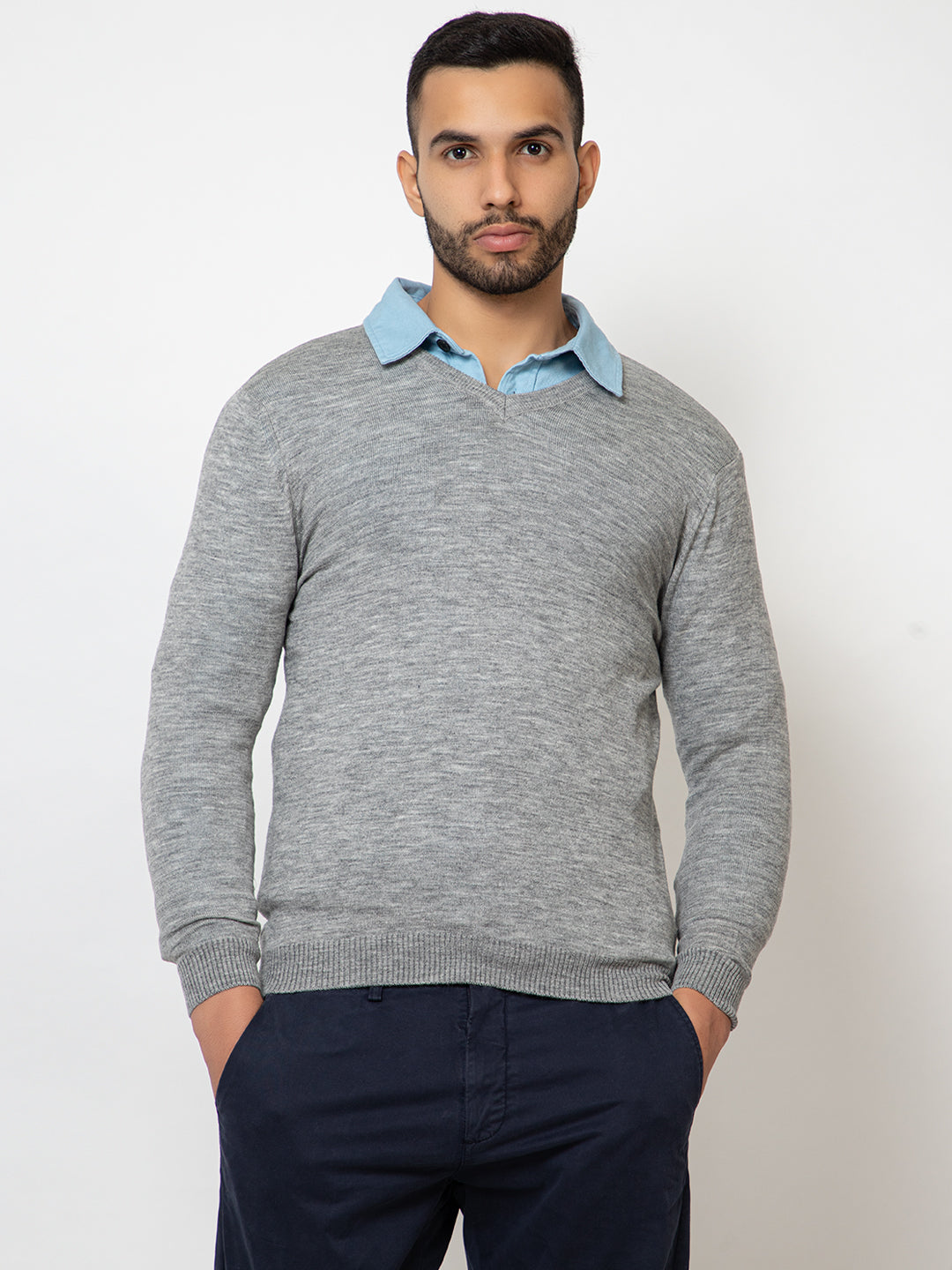 215 Solid Pullover I Wool I Woolmark Certified I Grey Melange