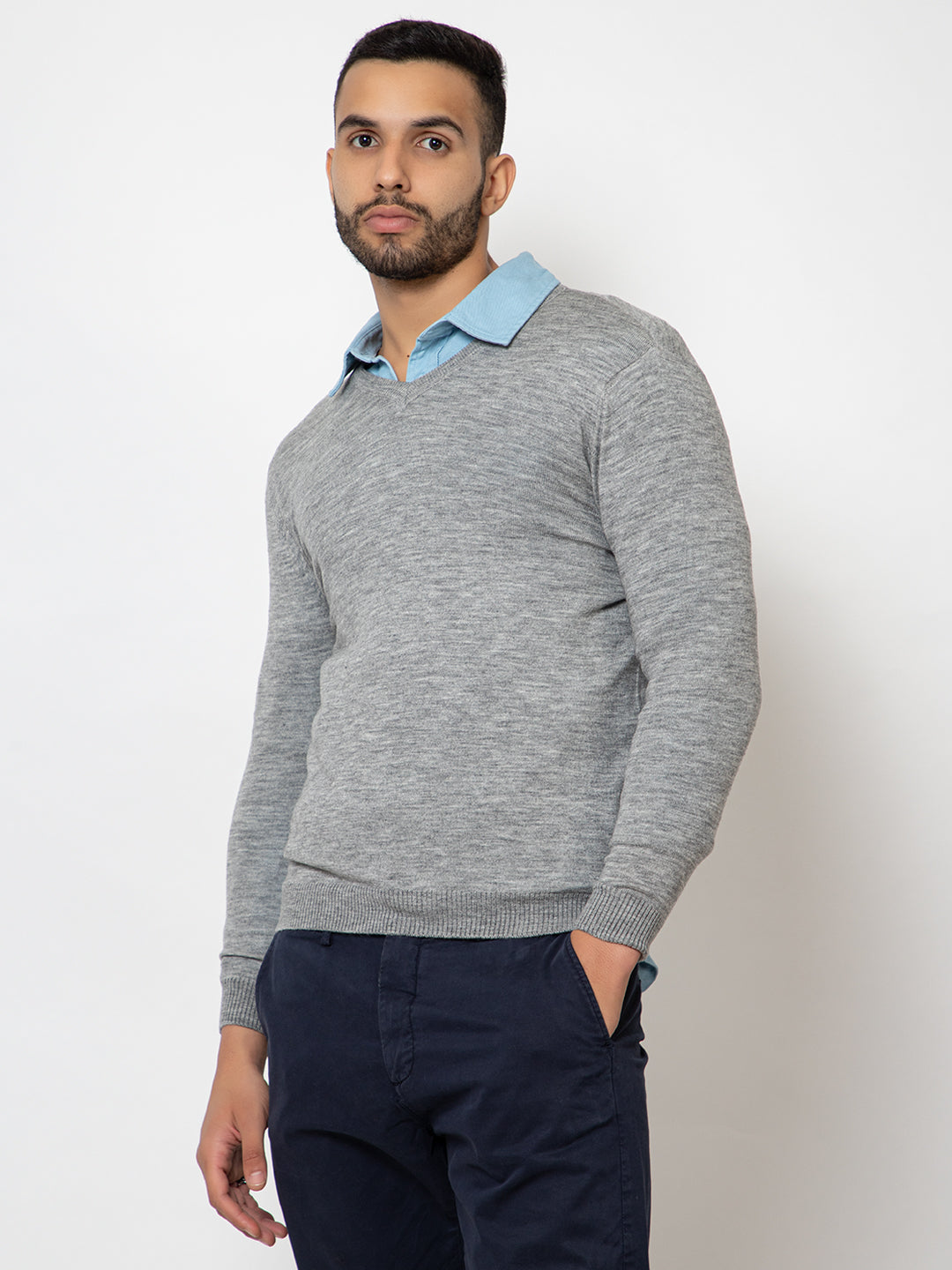 215 Solid Pullover I Wool I Woolmark Certified I Grey Melange