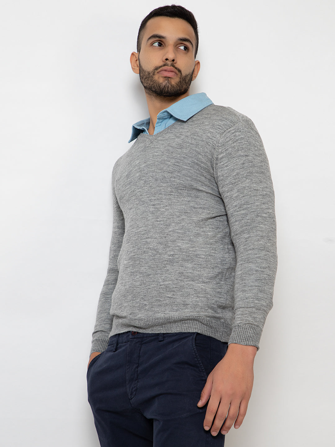 215 Solid Pullover I Wool I Woolmark Certified I Grey Melange