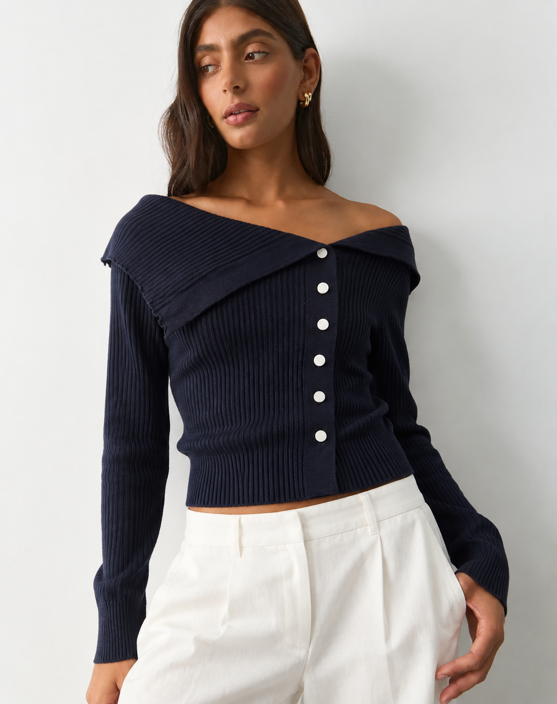 343 Off Shoulder Button Pullover I French Navy