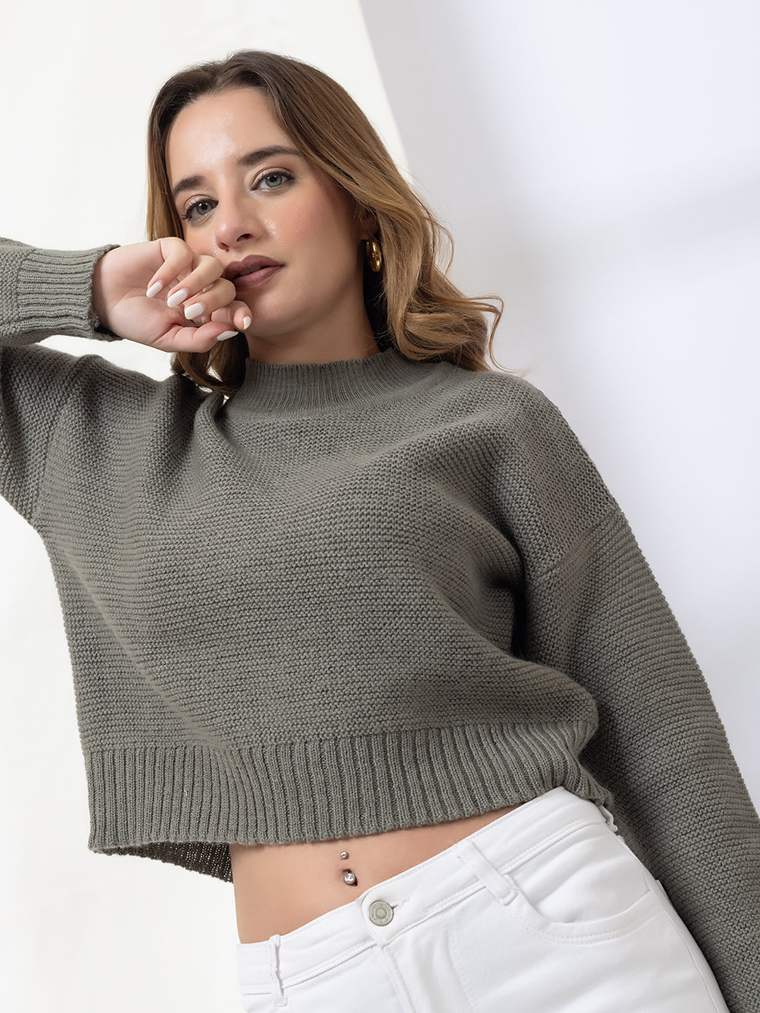 344 Tuck Knit Cable Sweater I Basil Olive