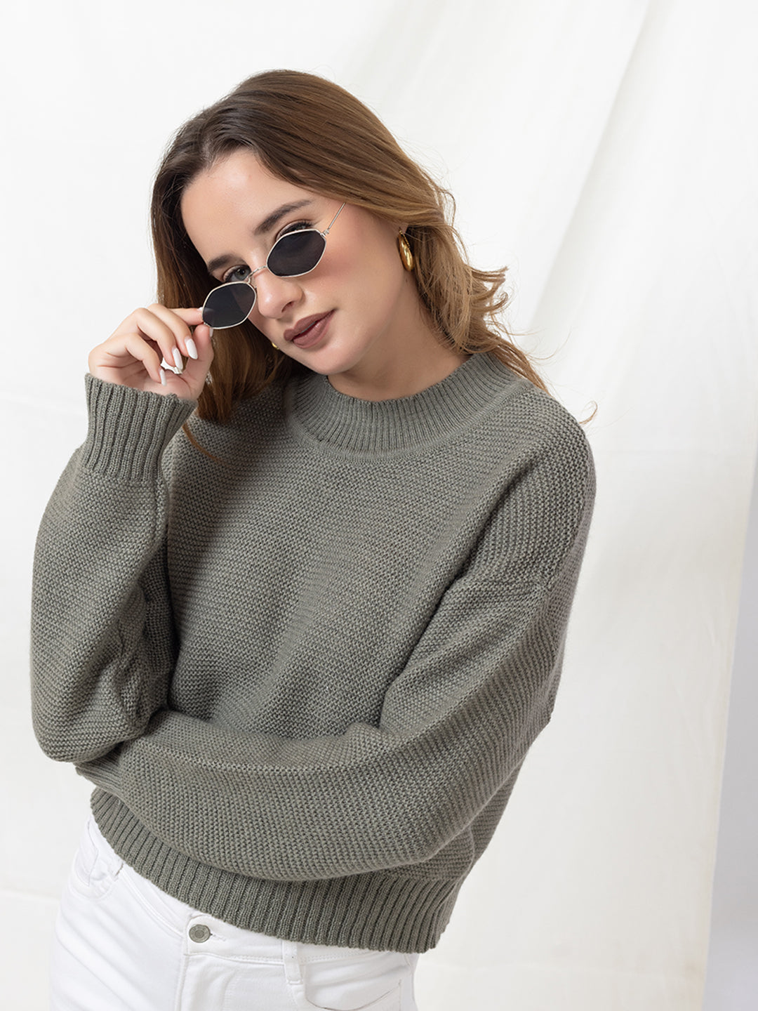 344 Tuck Knit Cable Sweater I Basil Olive