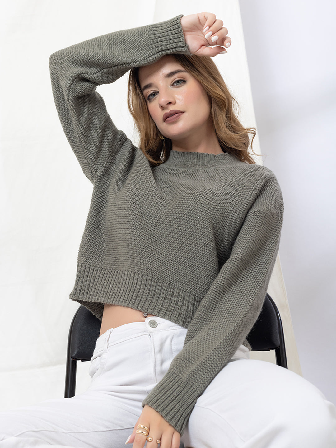 344 Tuck Knit Cable Sweater I Basil Olive