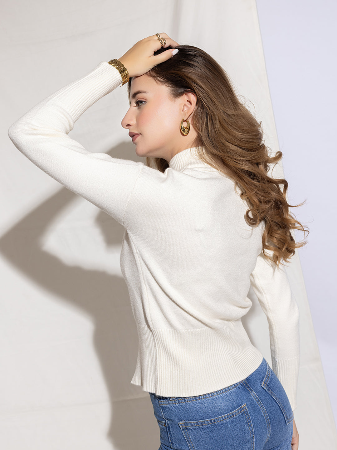 345 Two-Side Zipper Stretch Knit Pullover I Vanilla White