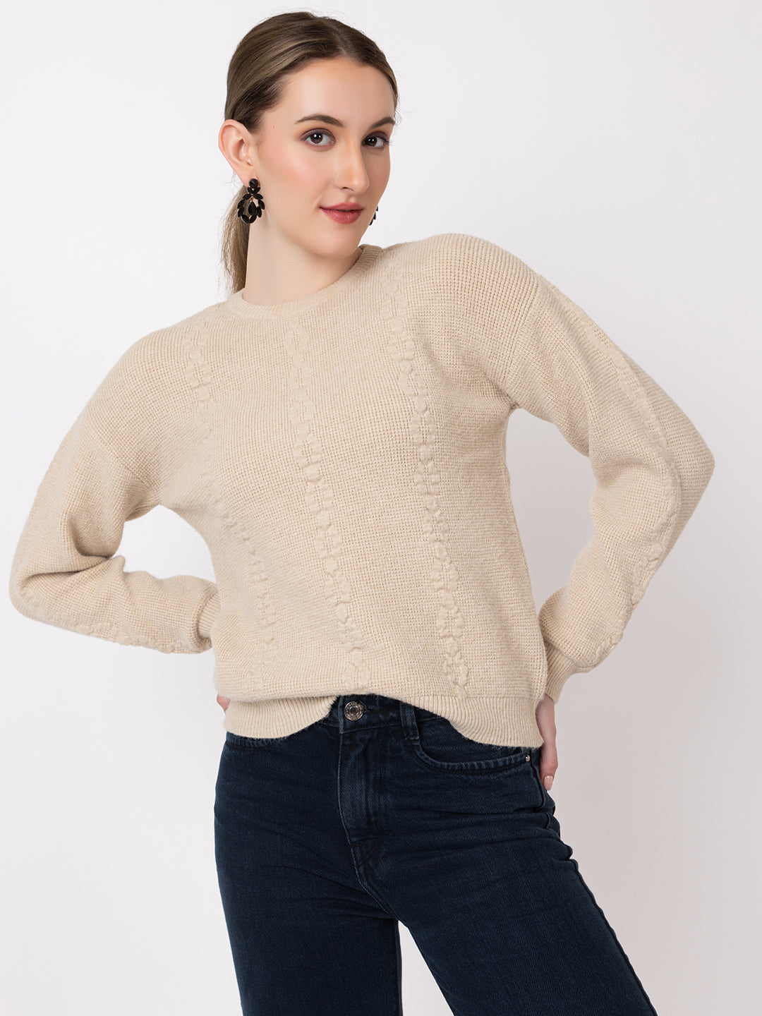 331 Fuzzy Cable Knit Pullover I Beige