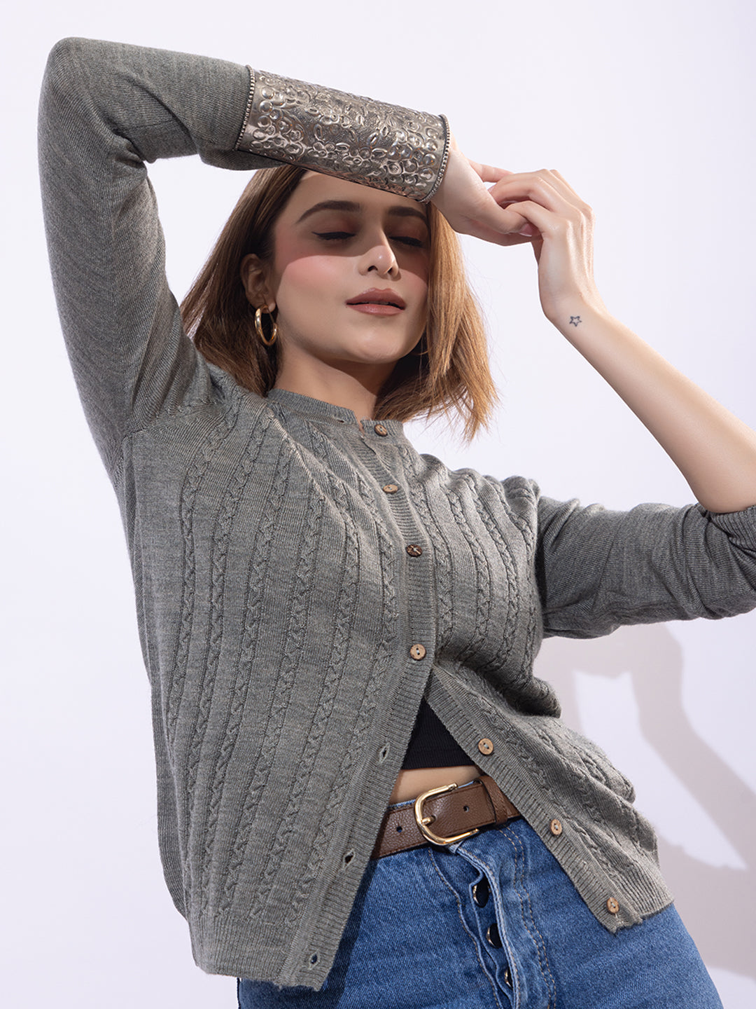 318 Wool Cable Knit Cardigan I Olive (Woolmark Certified)