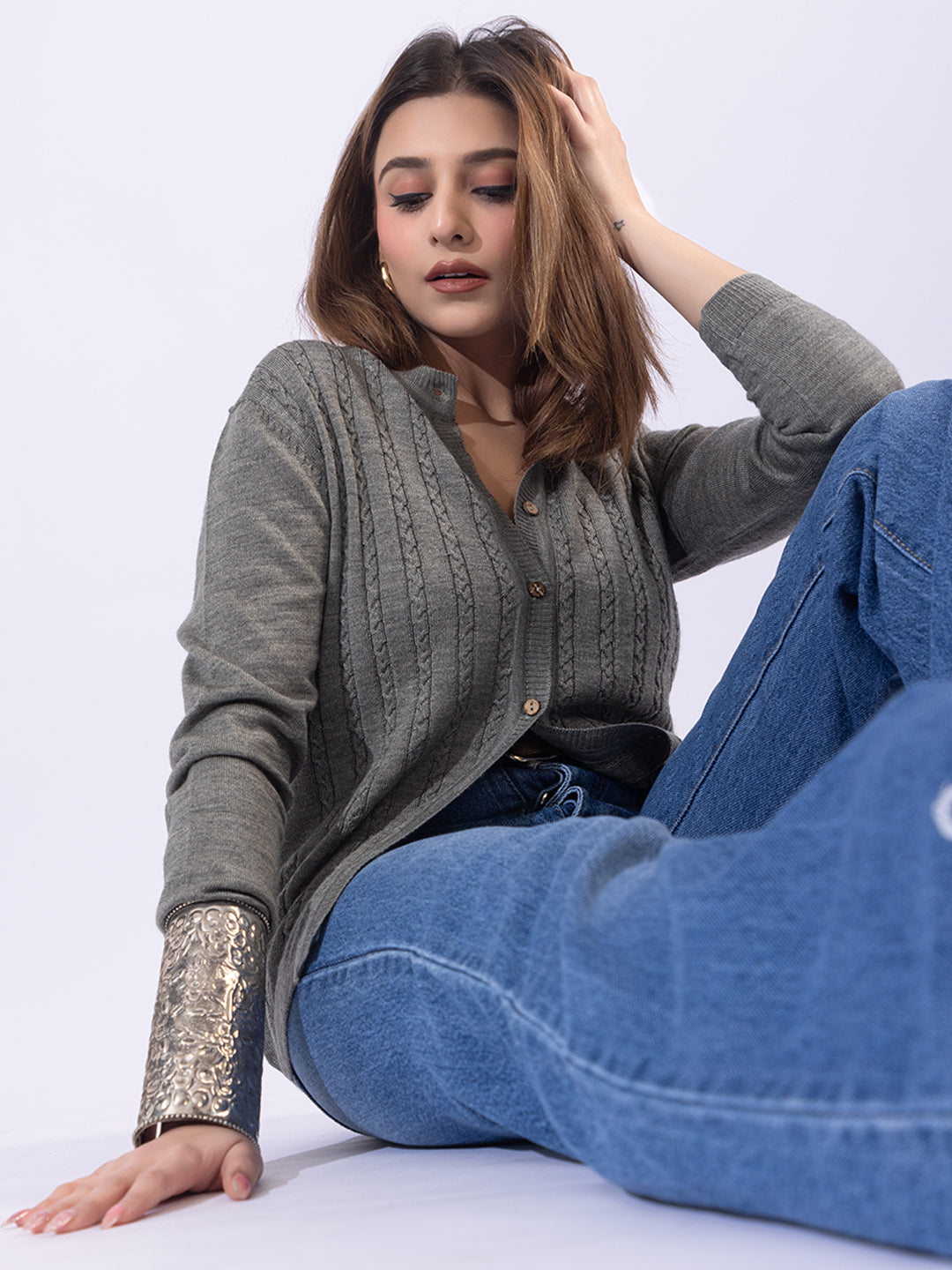 318 Wool Cable Knit Cardigan I Olive (Woolmark Certified)