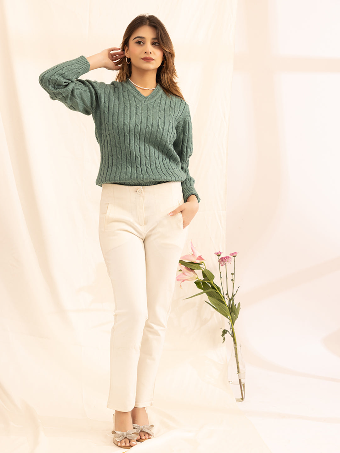 338 Chunky Cable Pullover I Jade