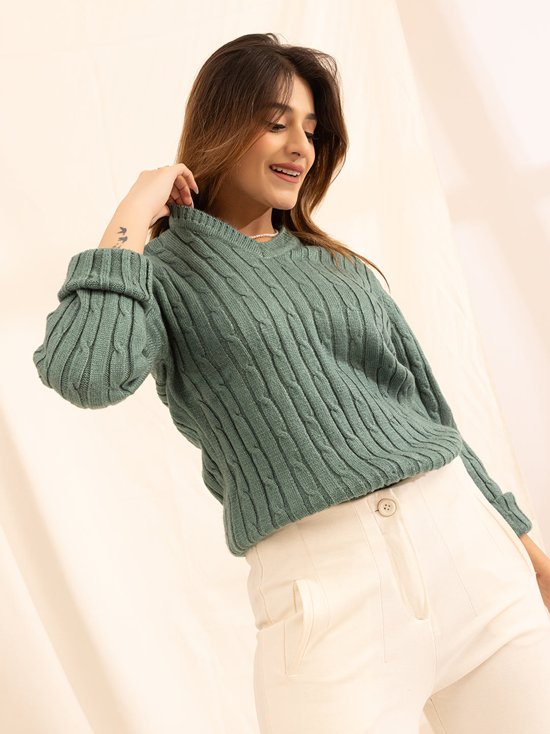 338 Chunky Cable Pullover I Jade