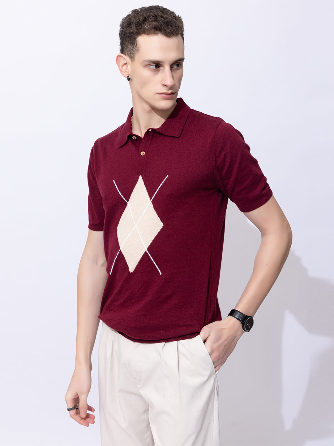 603 Argyle Knit Polo I Wine