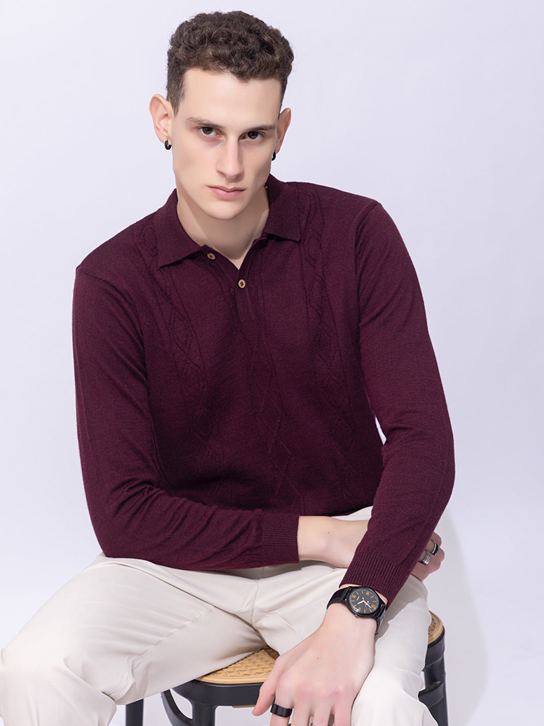 243 Cable Knit Woollen Polo I Woolmark Certified I Burgundy Wine