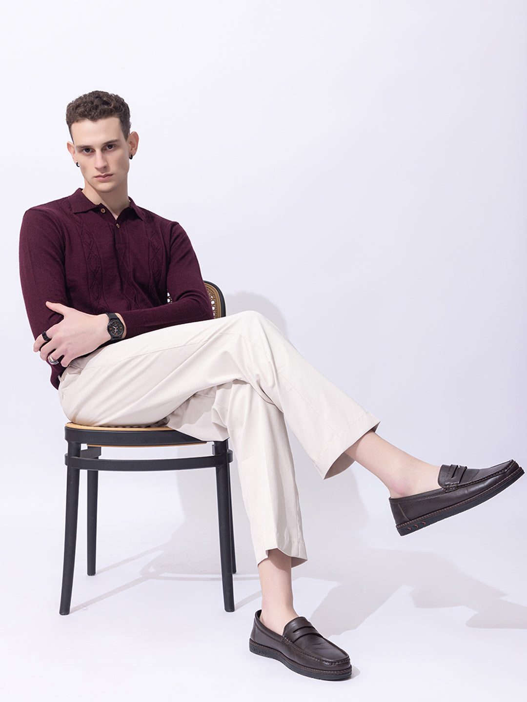 243 Cable Knit Woollen Polo I Woolmark Certified I Burgundy Wine