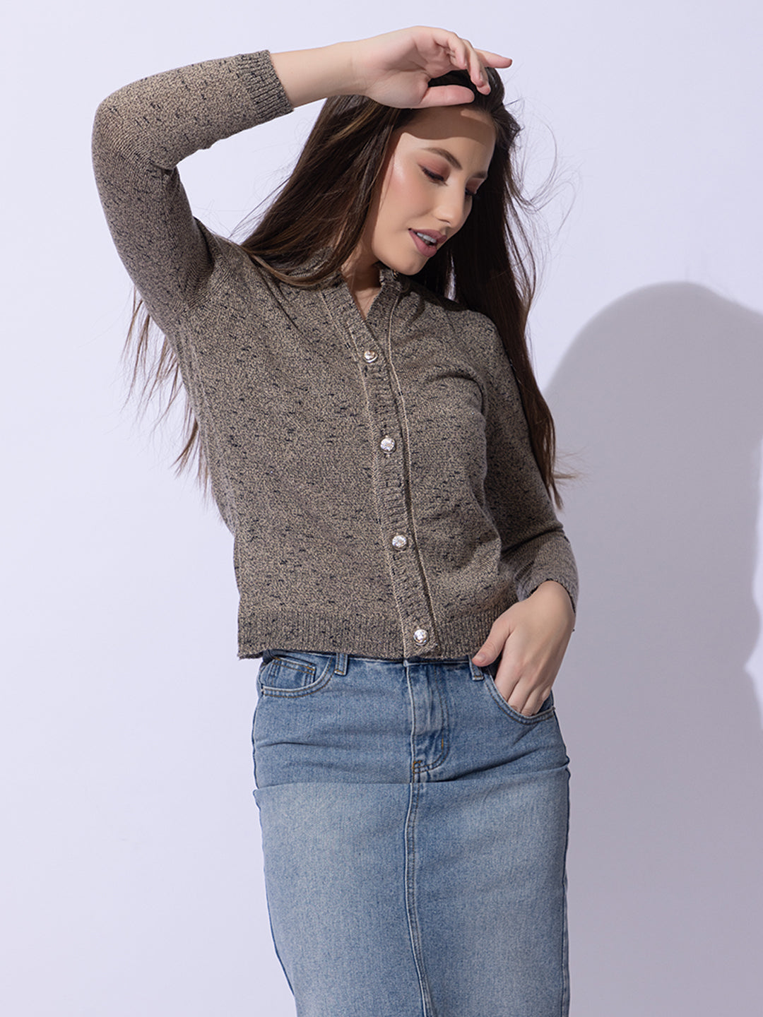 335 Speckled Knit Cardigan with Metallic Button