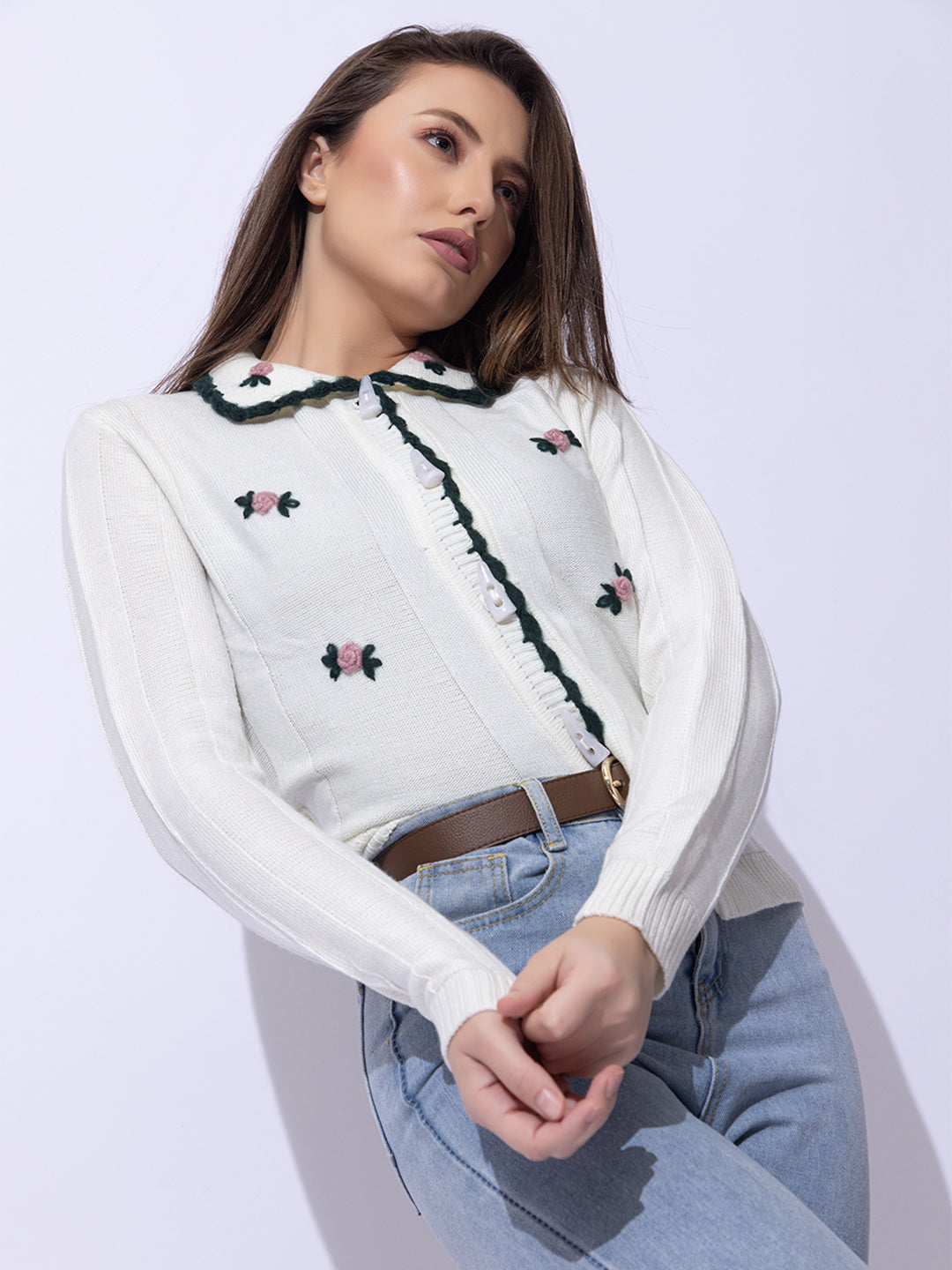 336 Crochet Hand Embroidered Cardigan I White