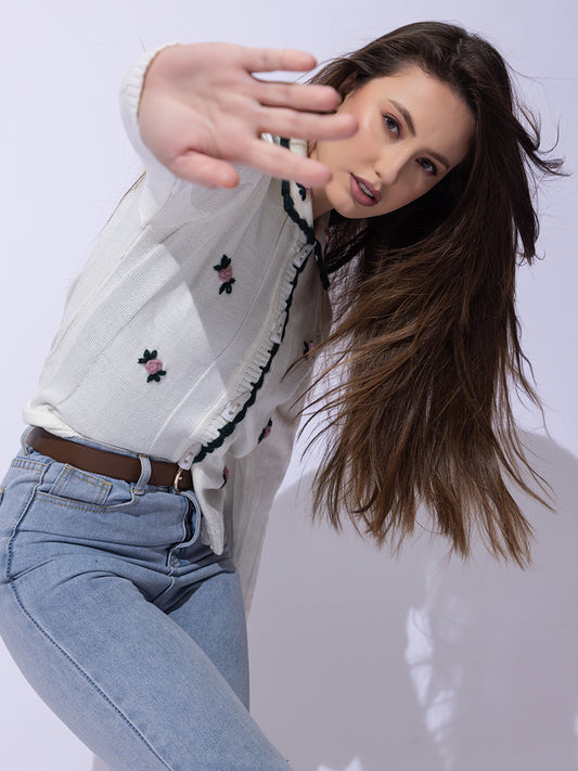 336 Crochet Hand Embroidered Cardigan I White