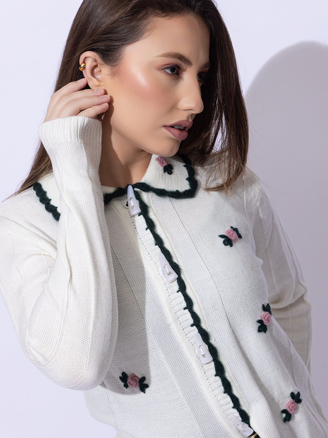 336 Crochet Hand Embroidered Cardigan I White
