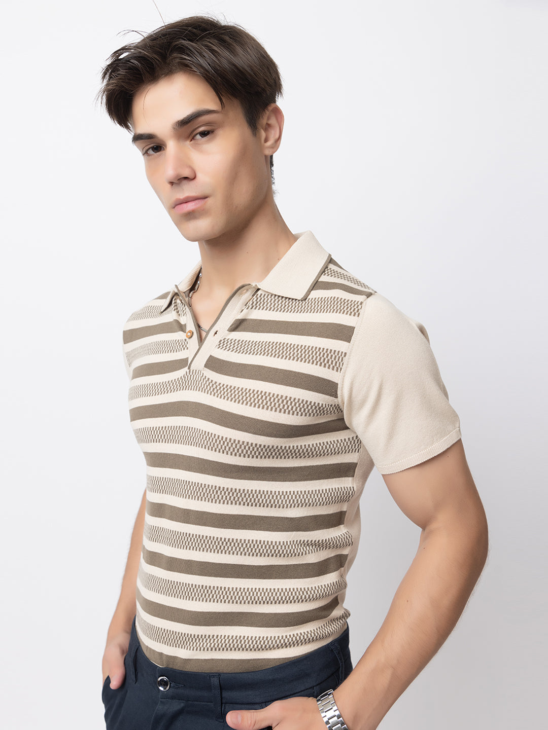 615 Striped Knit Polo I Olive Oat