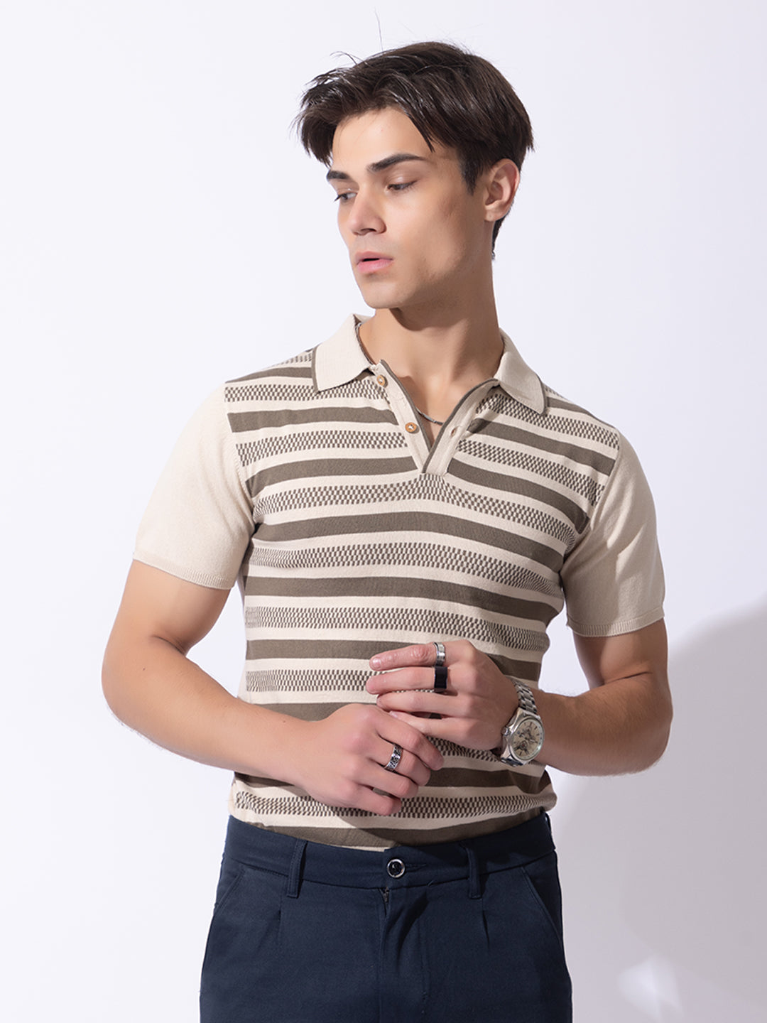 615 Striped Knit Polo I Olive Oat