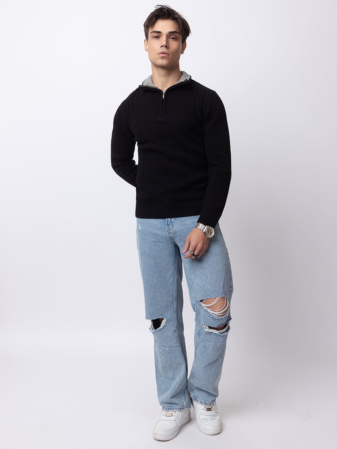 242 Chunky Cable Half Zip Pullover I Wool I Woolmark Certified I Black