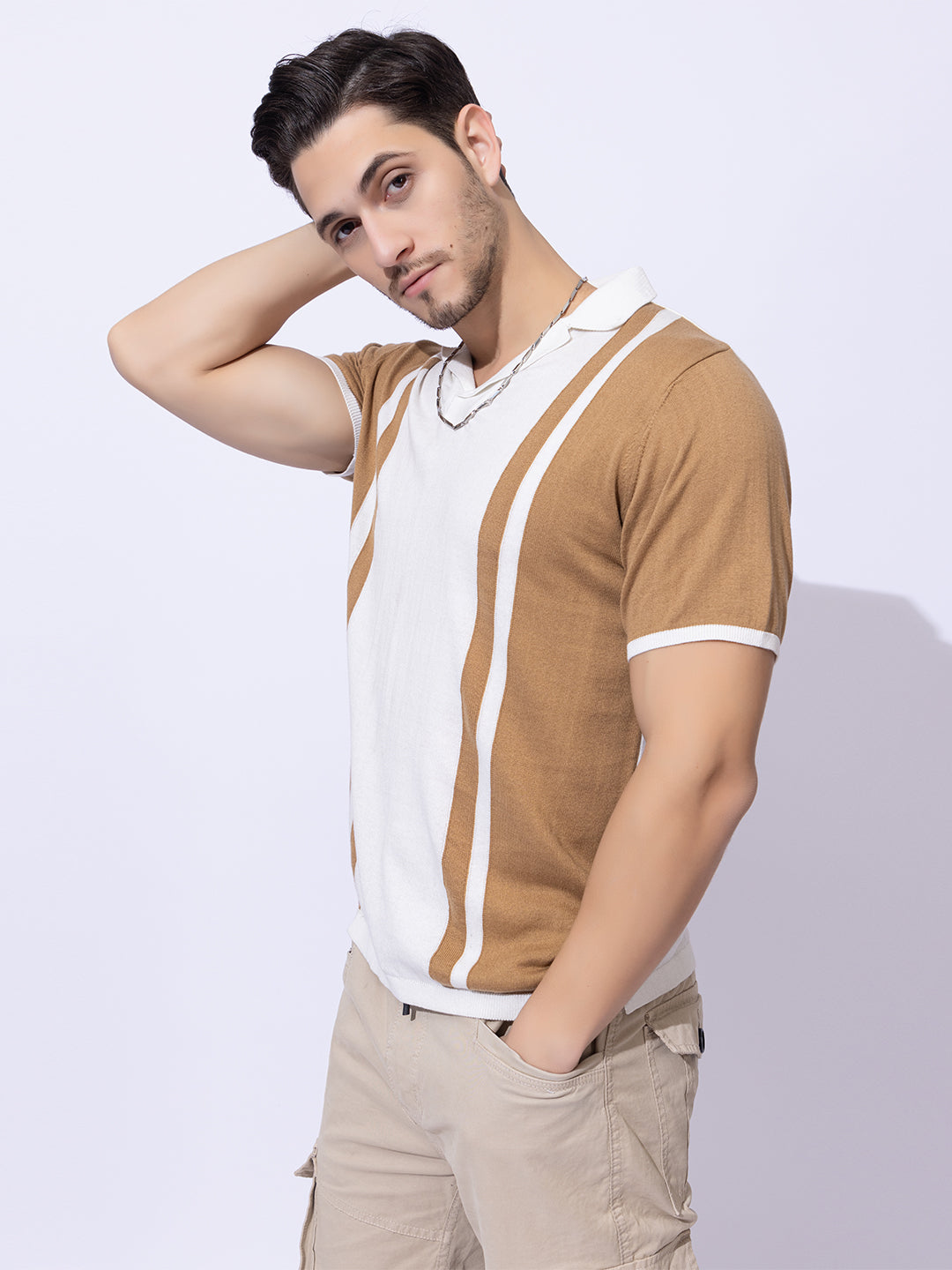 617 Striped Cuban Collar Pure Cotton T-shirt I White